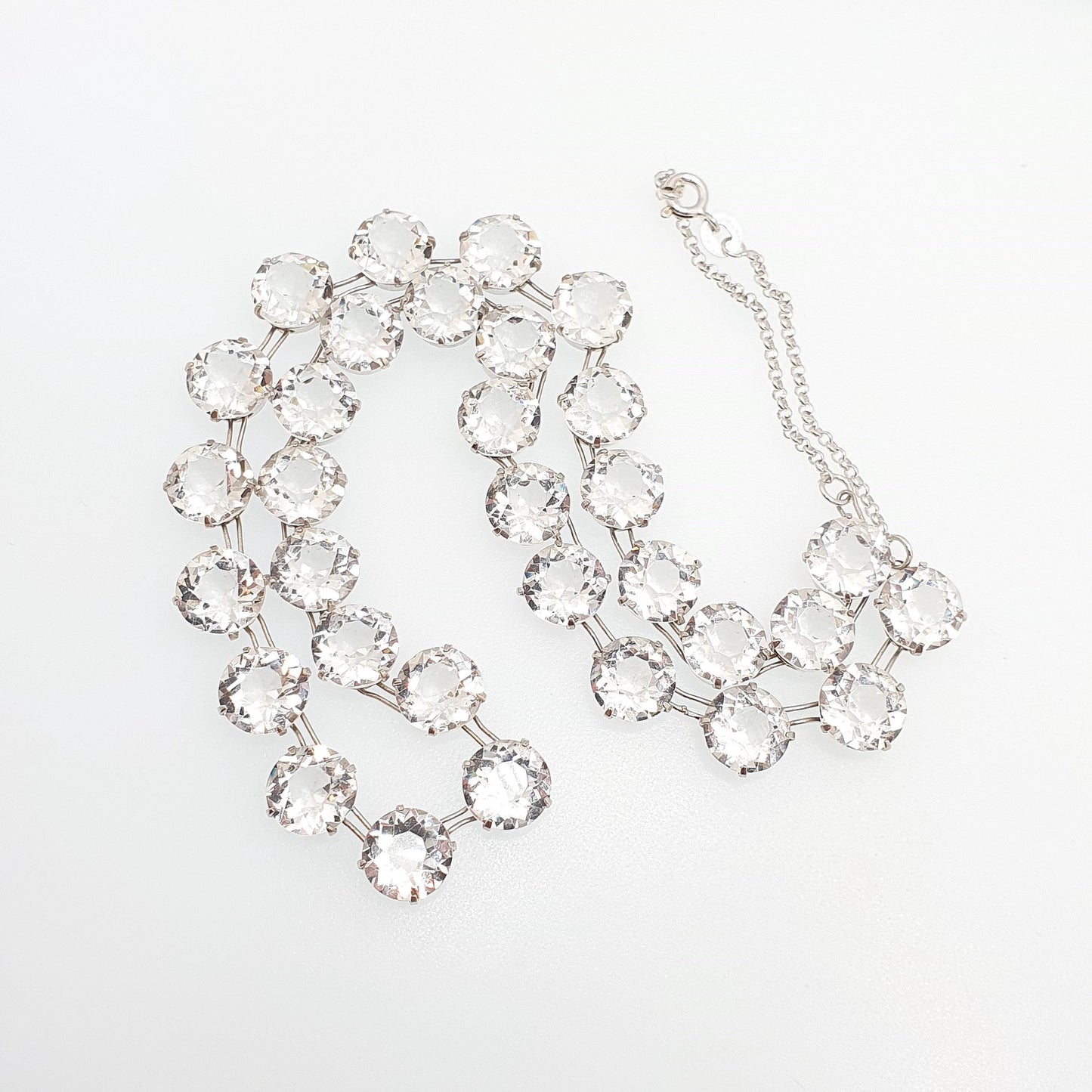 Antique Sterling Silver Diamond Paste Riviera Necklace White Pastes Round Cut Art Deco Cocktail Sparkly Womens Vintage Jewelry Jewellery