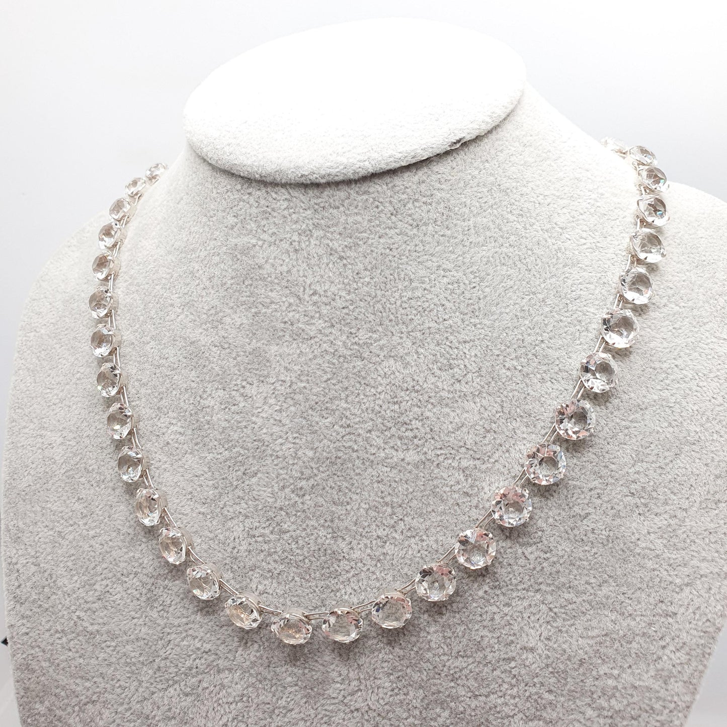 Antique Sterling Silver Diamond Paste Riviera Necklace White Pastes Round Cut Art Deco Cocktail Sparkly Womens Vintage Jewelry Jewellery