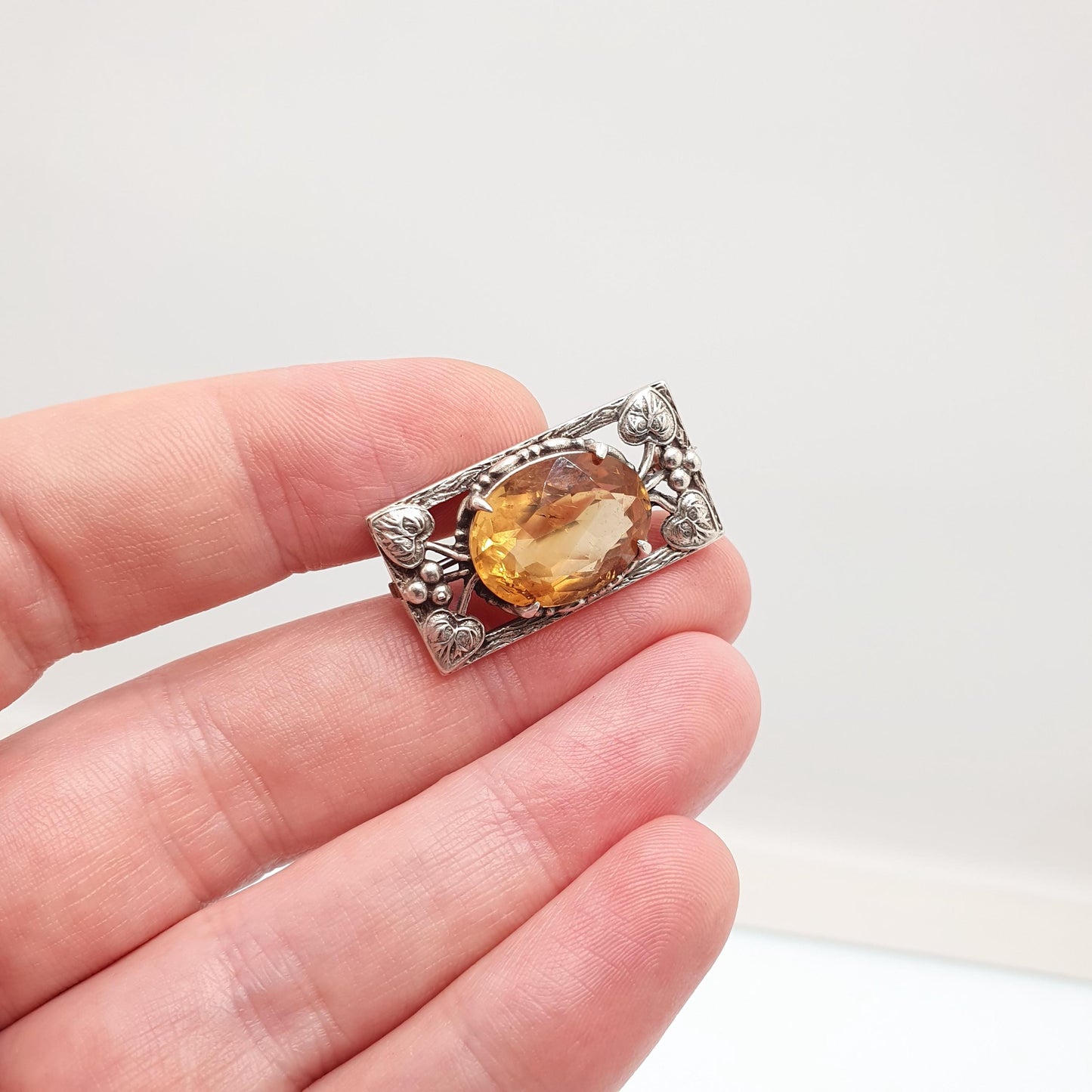 Antique Bernard Instone Sterling Silver Citrine Brooch Very Rare Art Nouveau Genuine Real Gemstone Quartz Oval Vintage Jewelry Jewellery