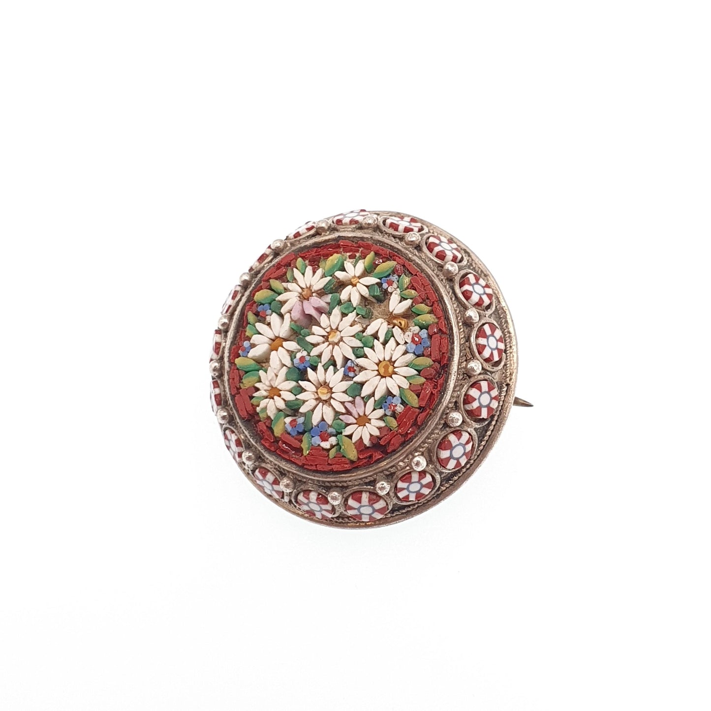 Antique Solid Silver Micro Mosaic Brooch Victorian Micromosaic Tiles Red Flower Millefiori 1800s Vintage Jewelry Jewellery