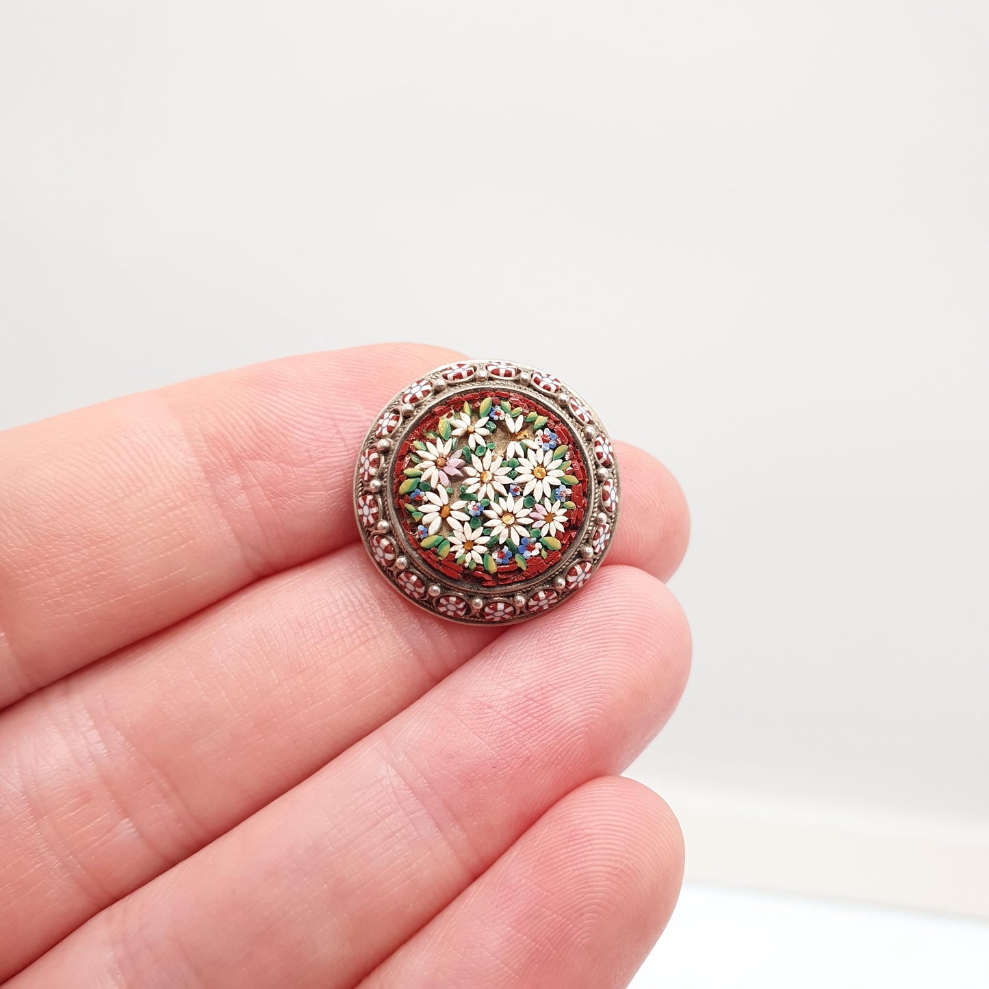 Antique Solid Silver Micro Mosaic Brooch Victorian Micromosaic Tiles Red Flower Millefiori 1800s Vintage Jewelry Jewellery