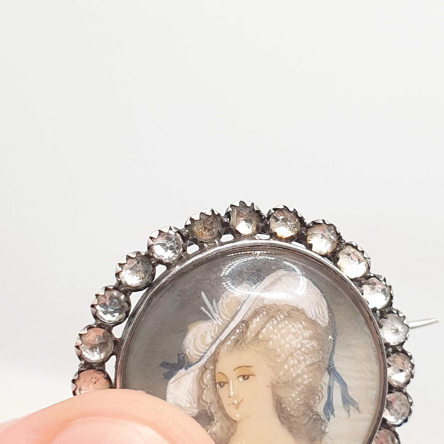 Antique Victorian Hand Painted Diamond Paste Solid Silver Brooch Portrait Picture Painting 1889 Vintage Fine Jewelry Jewellery