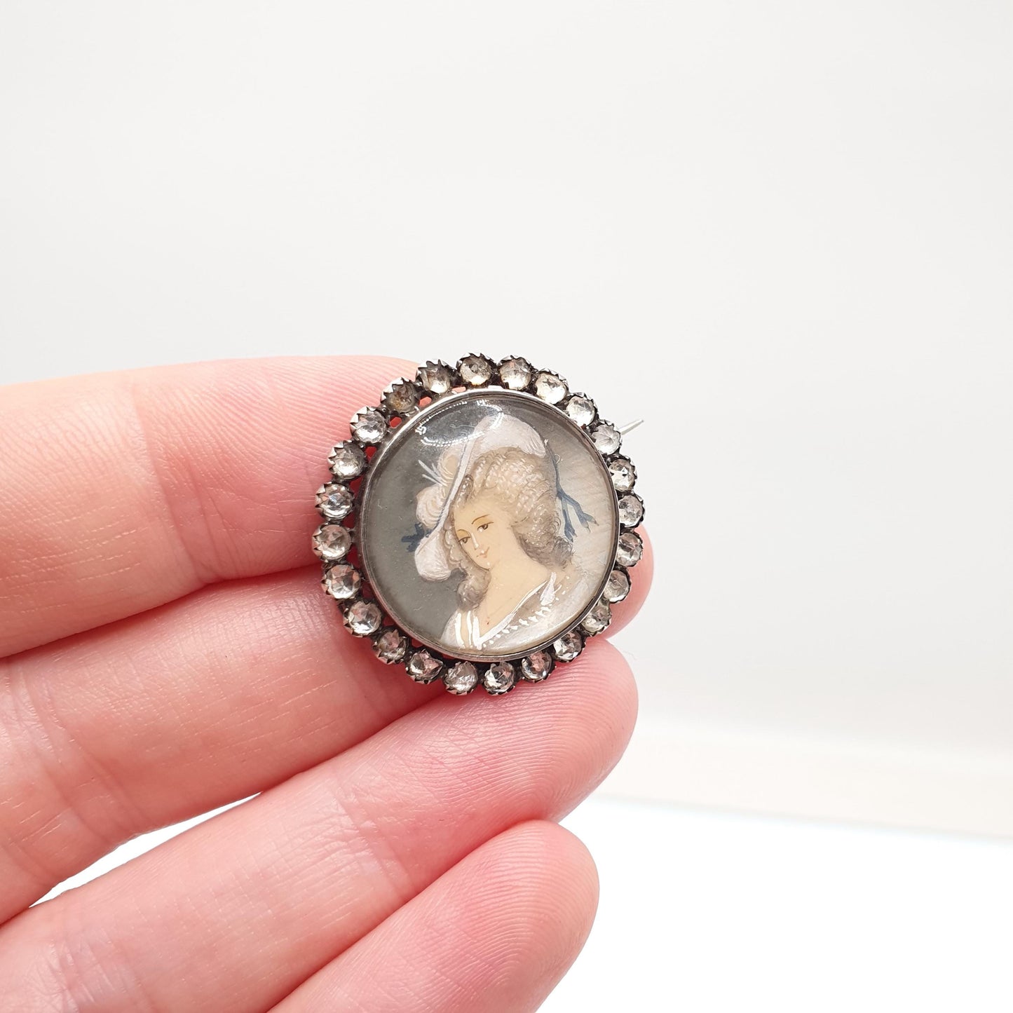 Antique Victorian Hand Painted Diamond Paste Solid Silver Brooch Portrait Picture Painting 1889 Vintage Fine Jewelry Jewellery