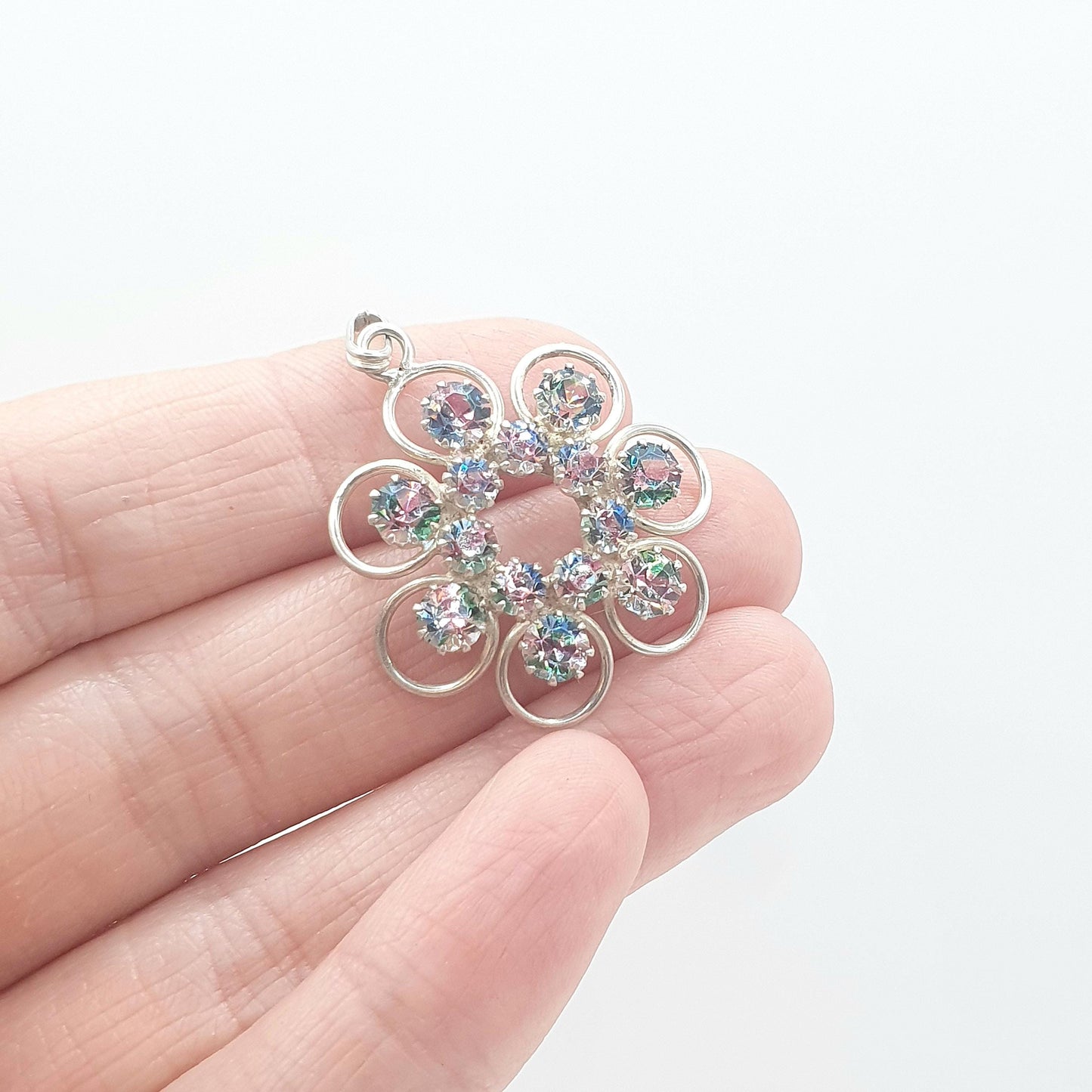 RESERVED/SOLD DON Old Vintage Solid Silver Iris Rainbow Glass Pendant Cluster Tutti Fruiti Necklace Multi Coloured 1950’s