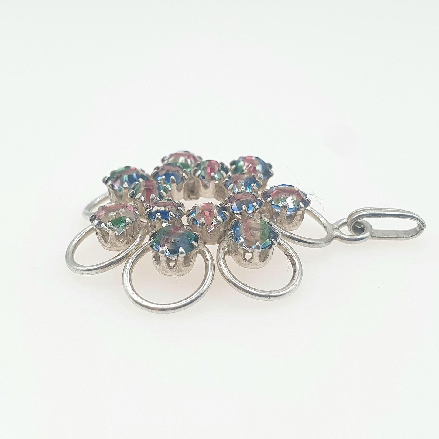 RESERVED/SOLD DON Old Vintage Solid Silver Iris Rainbow Glass Pendant Cluster Tutti Fruiti Necklace Multi Coloured 1950’s