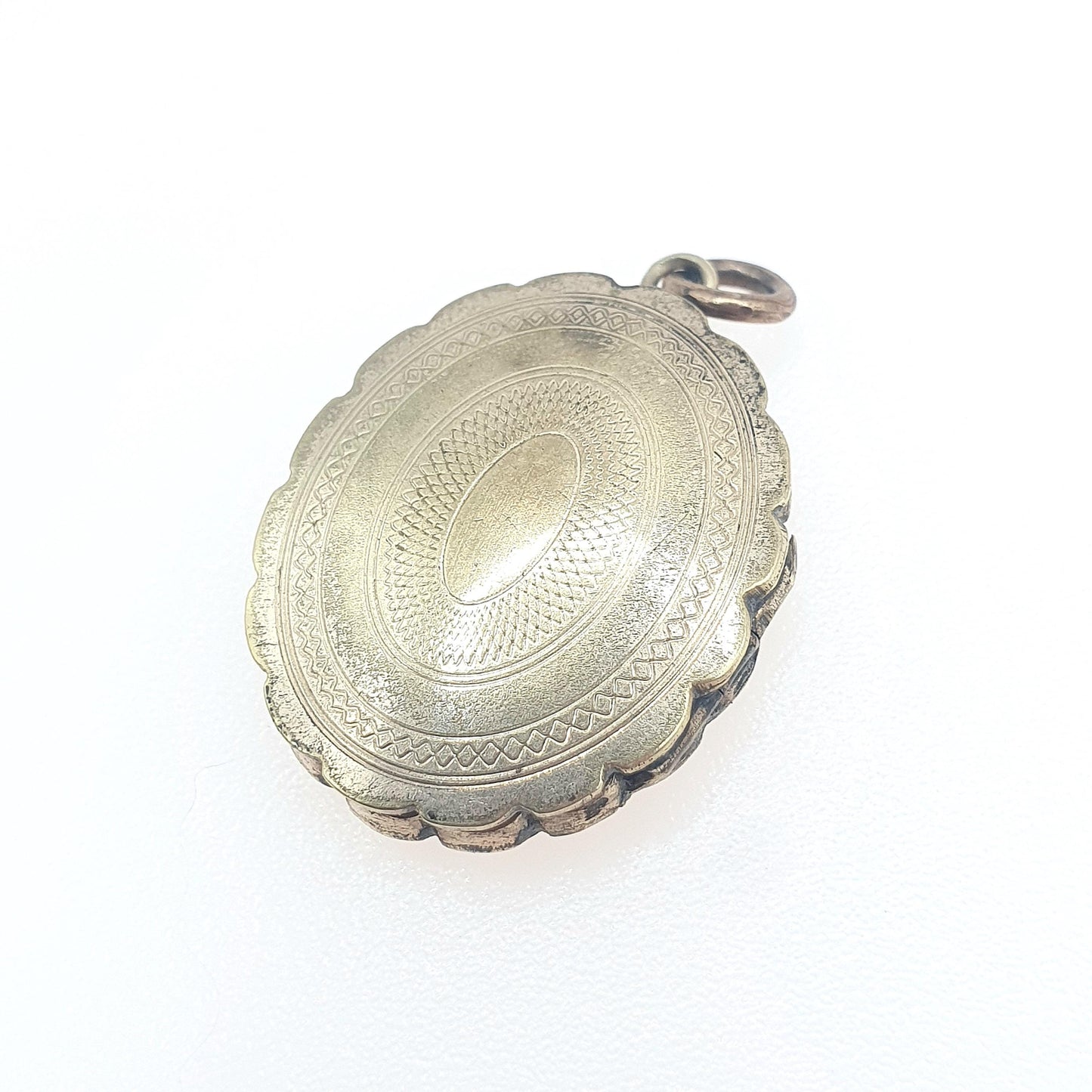 Antique Victorian Gold Tone Locket Necklace Pendant Photo Oval Base Metal Engine Turned Pattern Vintage Womens Ladies Jewellery Jewelry
