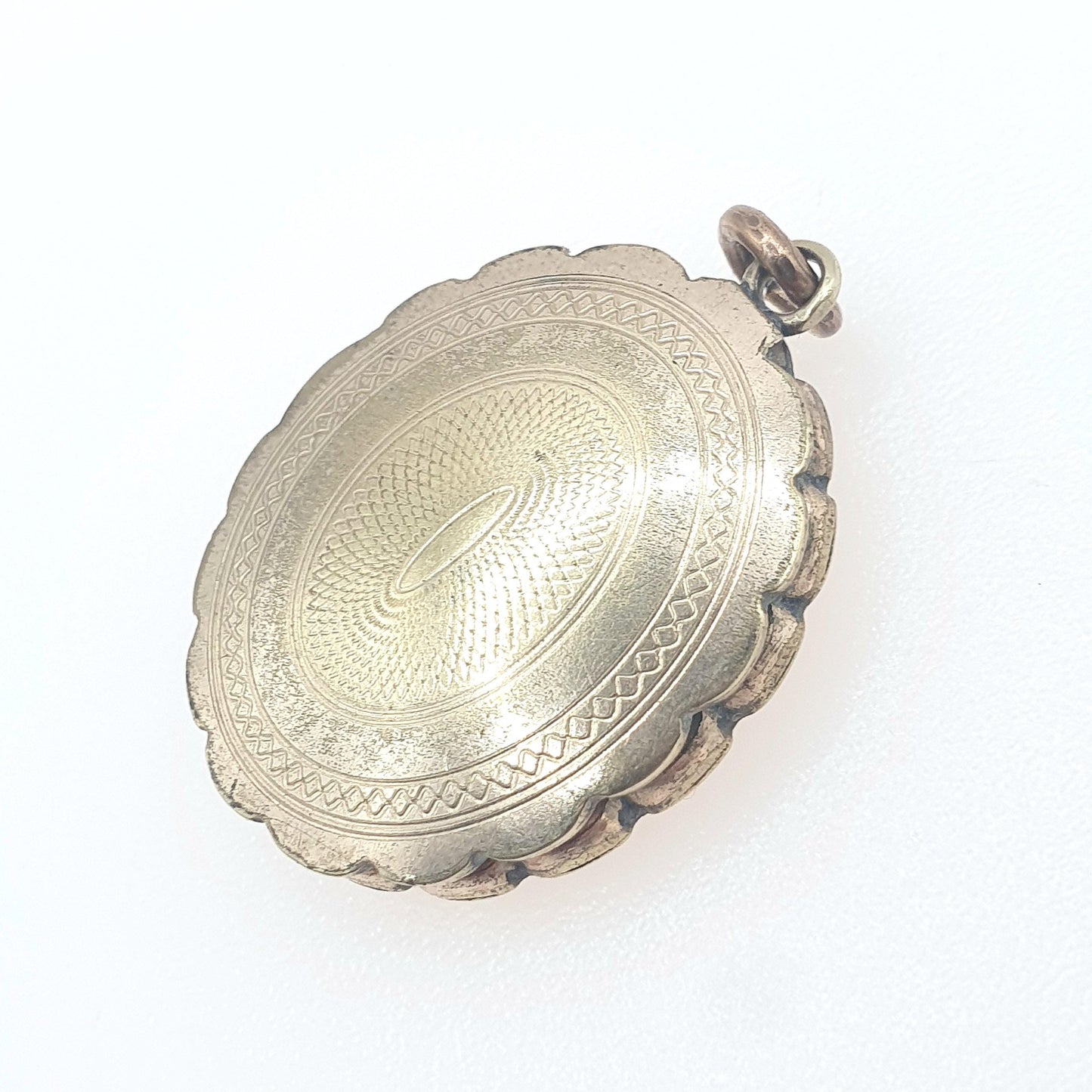 Antique Victorian Gold Tone Locket Necklace Pendant Photo Oval Base Metal Engine Turned Pattern Vintage Womens Ladies Jewellery Jewelry