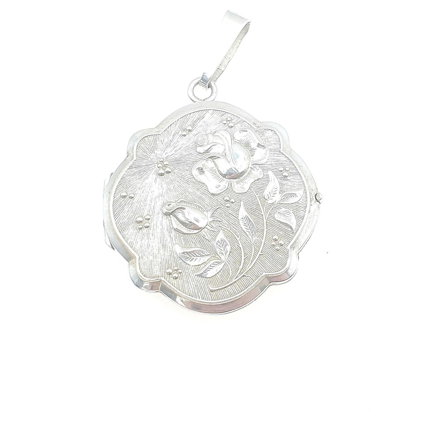 Vintage Sterling Silver Rose Locket Flower Embossed Sunburst Pattern Necklace Pendant Photo Gift Jewelry Womens Jewellery Ladies Large