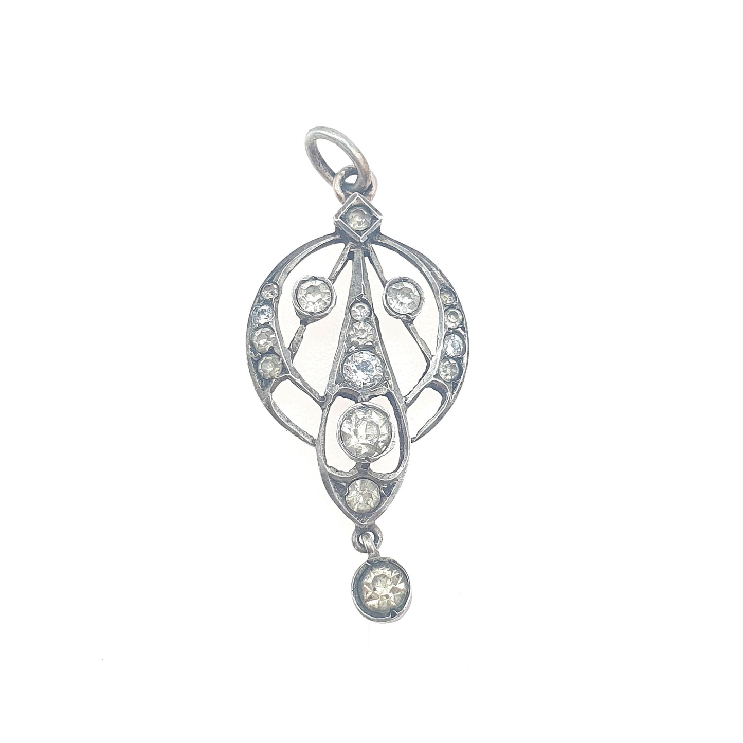 Antique Victorian Solid Silver Diamond Paste Necklace Pendant Art Nouveau Old Cut Hanging Dangling Ornate Sparkly Foiled Womens Jewelry