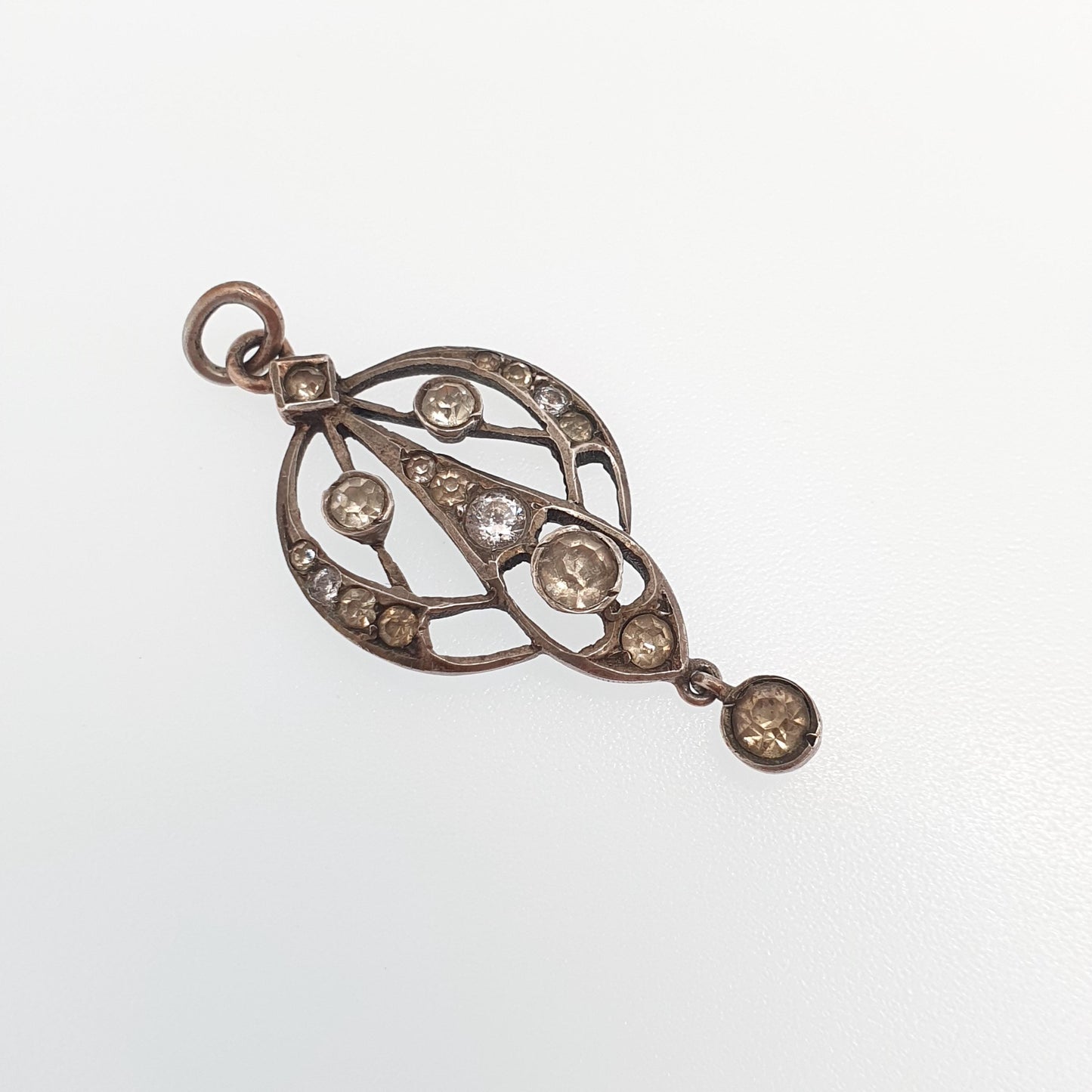 Antique Victorian Solid Silver Diamond Paste Necklace Pendant Art Nouveau Old Cut Hanging Dangling Ornate Sparkly Foiled Womens Jewelry