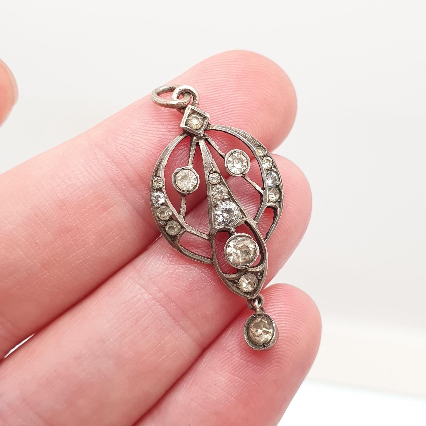 Antique Victorian Solid Silver Diamond Paste Necklace Pendant Art Nouveau Old Cut Hanging Dangling Ornate Sparkly Foiled Womens Jewelry