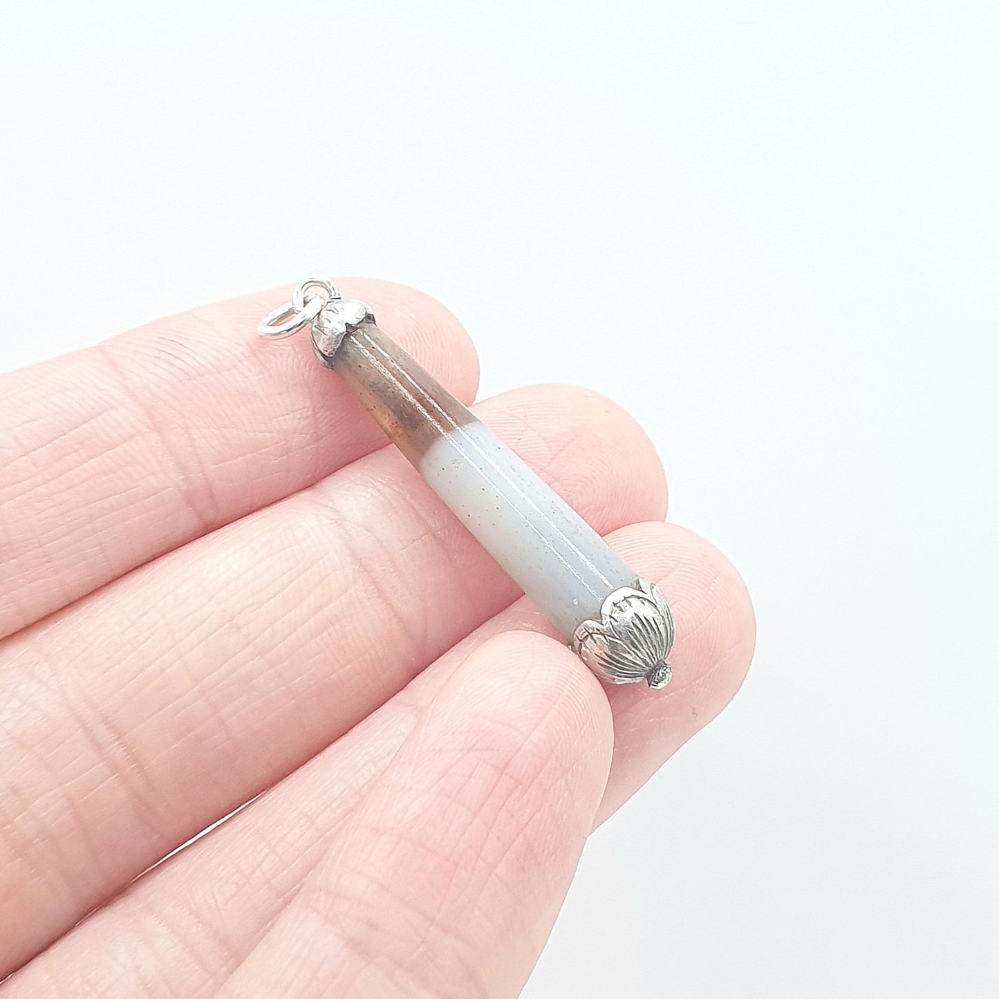 Antique Victorian Solid Silver Agate Pendant Necklace Teardrop Conical Genuine Quartz Vintage Jewelry Jewellery