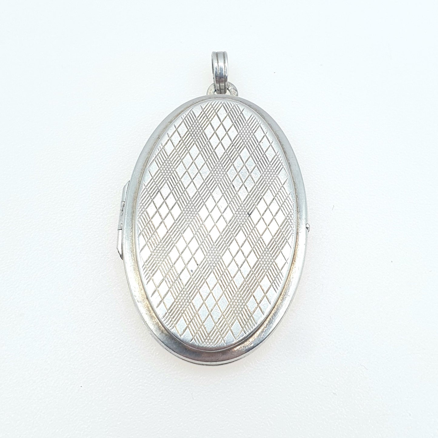 Vintage Sterling Silver Oval Locket Chequered Pattern Picture Photo Keepsake Large Big Solid 925 Womens Jewelry Jewellery
