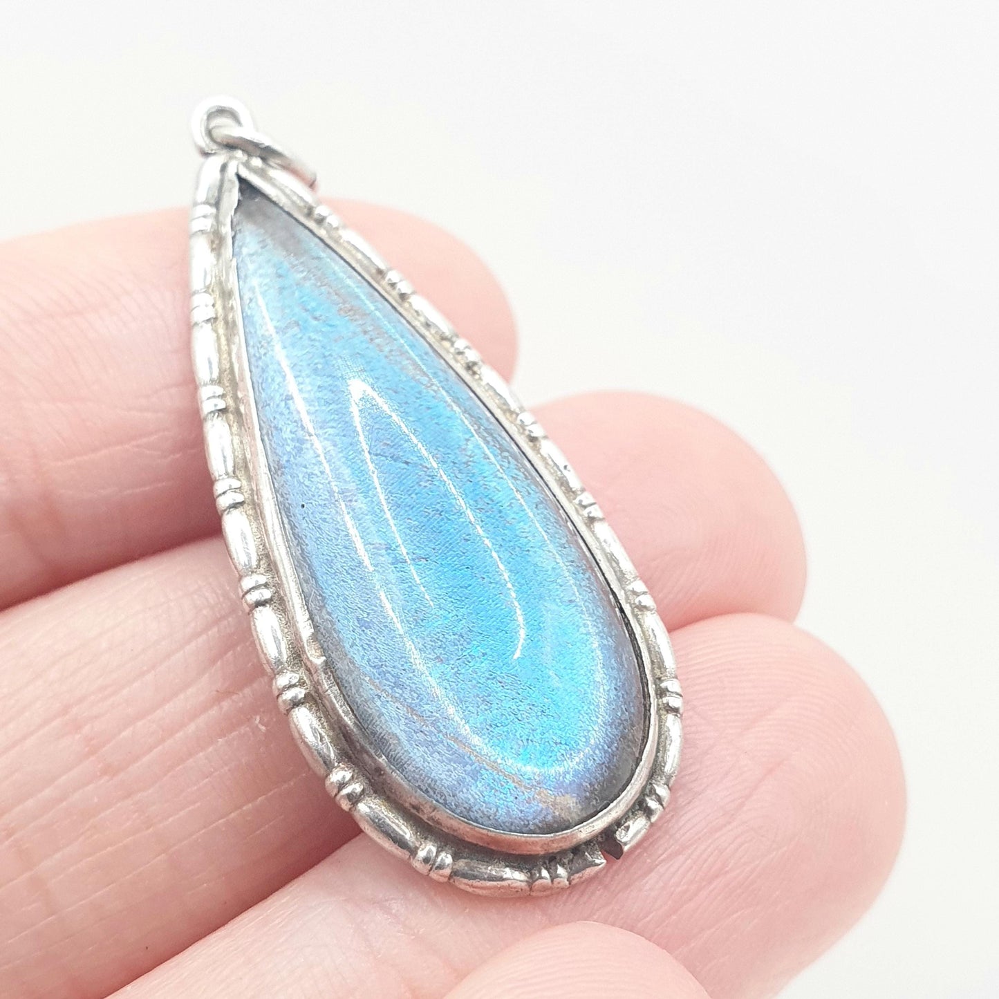 Antique Solid Silver Butterfly Wing Necklace Pendant Large Oval Art Deco Round Vintage 1920s Blue Bug Fly Insect Jewelry Jewellery Womens