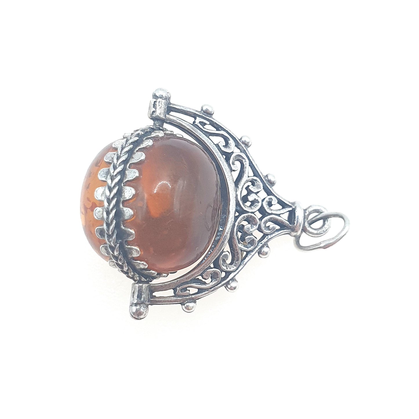 Vintage Solid Silver Spinner Fob Necklace Pendant Victorian Revival Baltic Gemstone Mens Womens Jewelry Jewellery