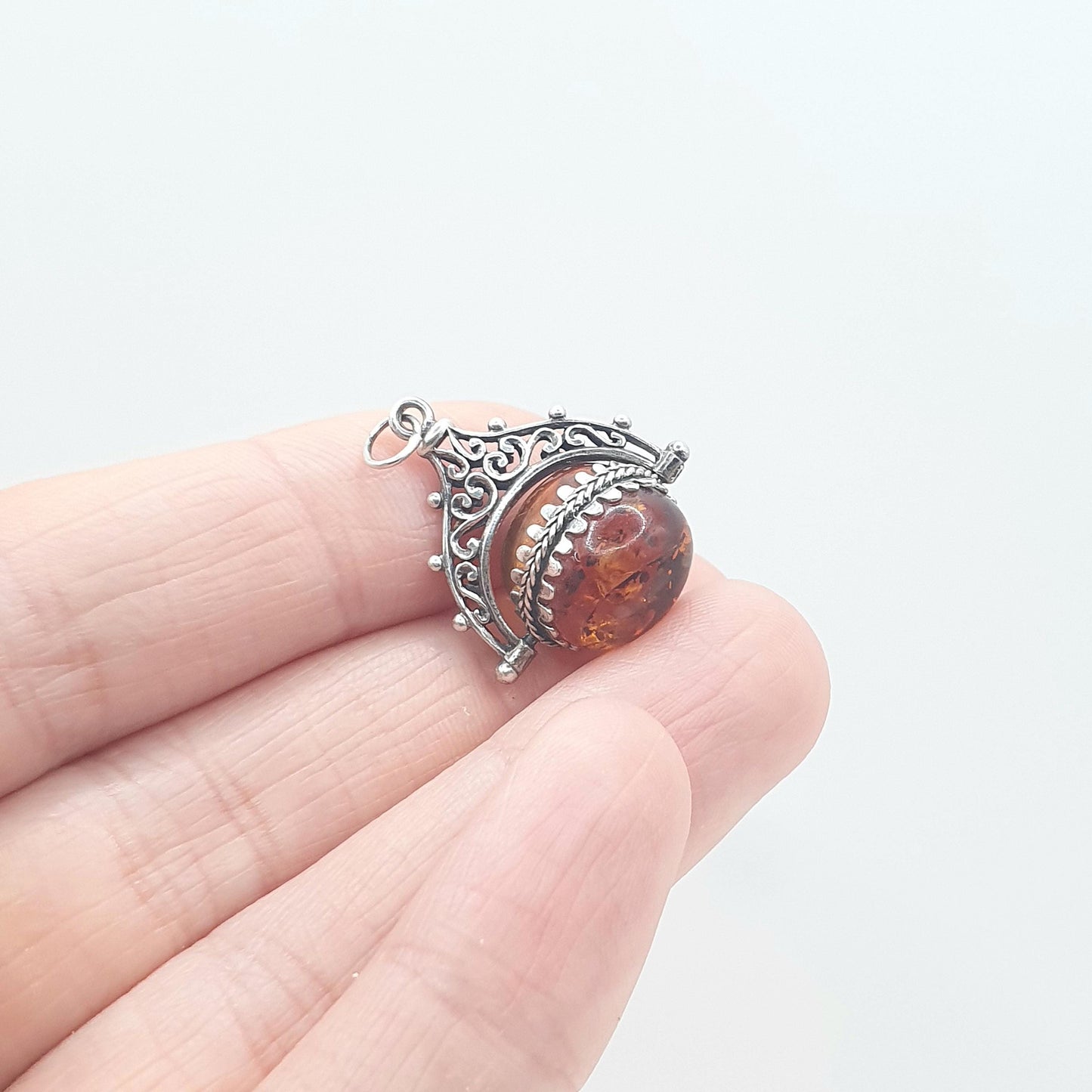Vintage Solid Silver Spinner Fob Necklace Pendant Victorian Revival Baltic Gemstone Mens Womens Jewelry Jewellery