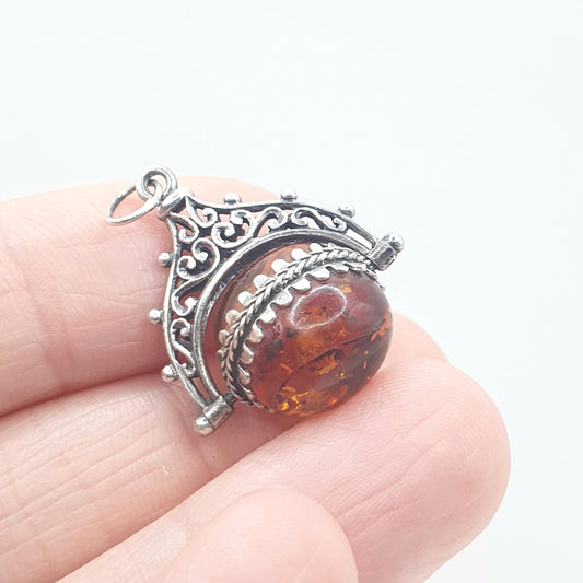 Vintage Solid Silver Spinner Fob Necklace Pendant Victorian Revival Baltic Gemstone Mens Womens Jewelry Jewellery