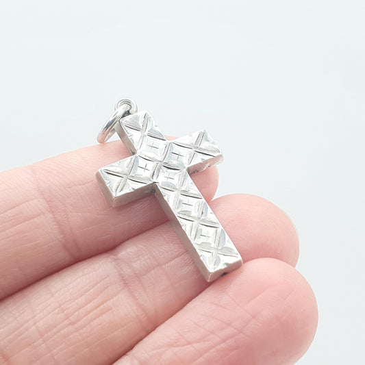 Antique Victorian Sterling Silver Crucifix Charm Pendant Chequered Pattern Small Vintage Jewelry Jewellery Necklace Religious