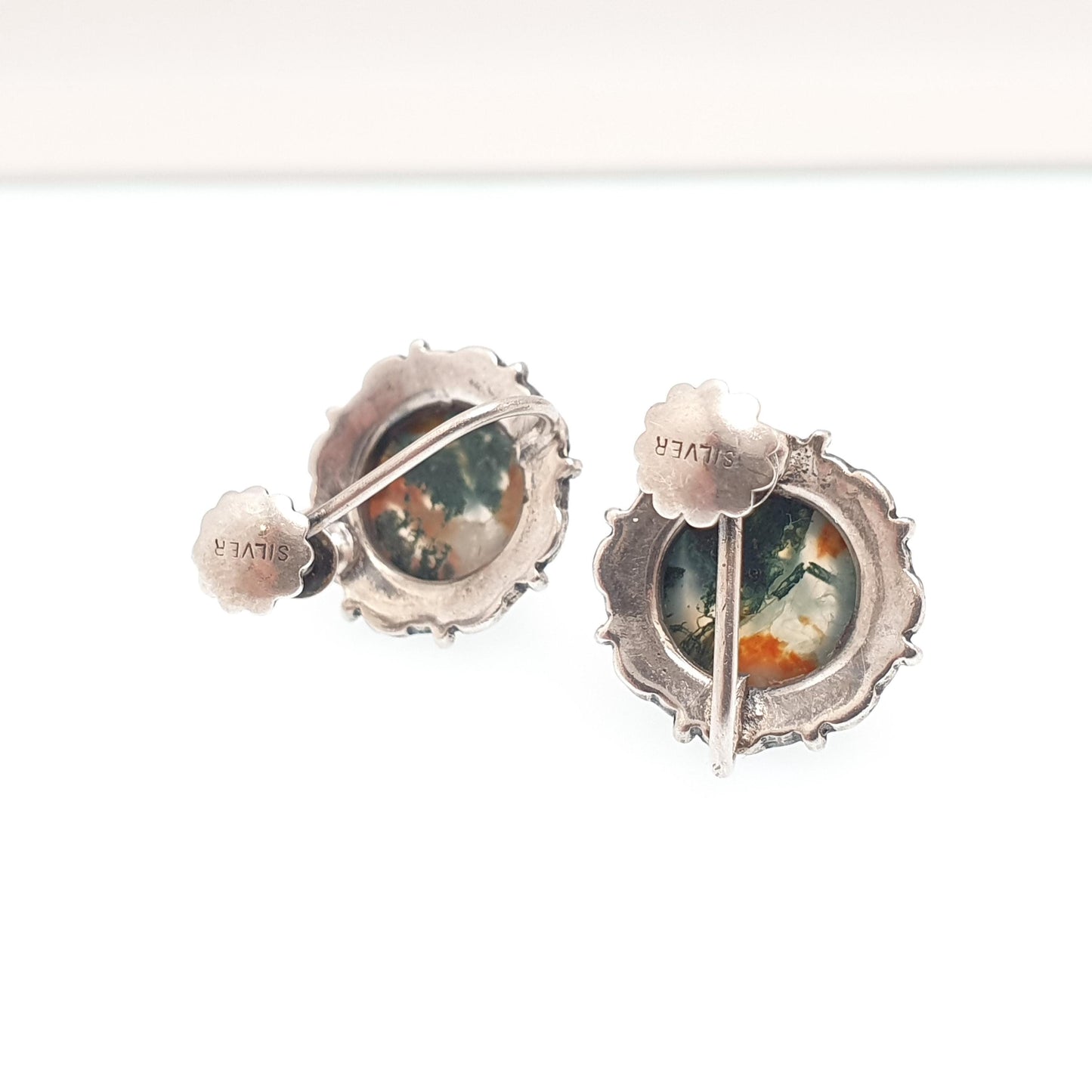 Antique Solid Silver Moss Agate Earrings Arts and Crafts Gemstone Bernard Instone Style Screw Back Veined Quartz Jewellery Jewelry