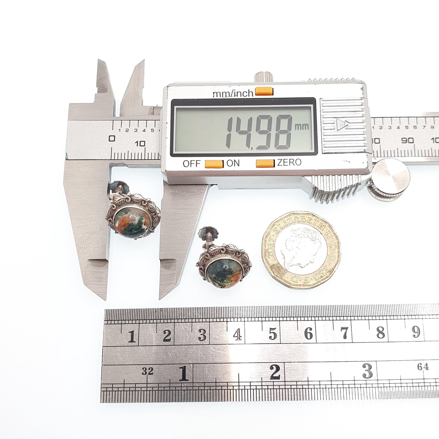 Antique Solid Silver Moss Agate Earrings Arts and Crafts Gemstone Bernard Instone Style Screw Back Veined Quartz Jewellery Jewelry