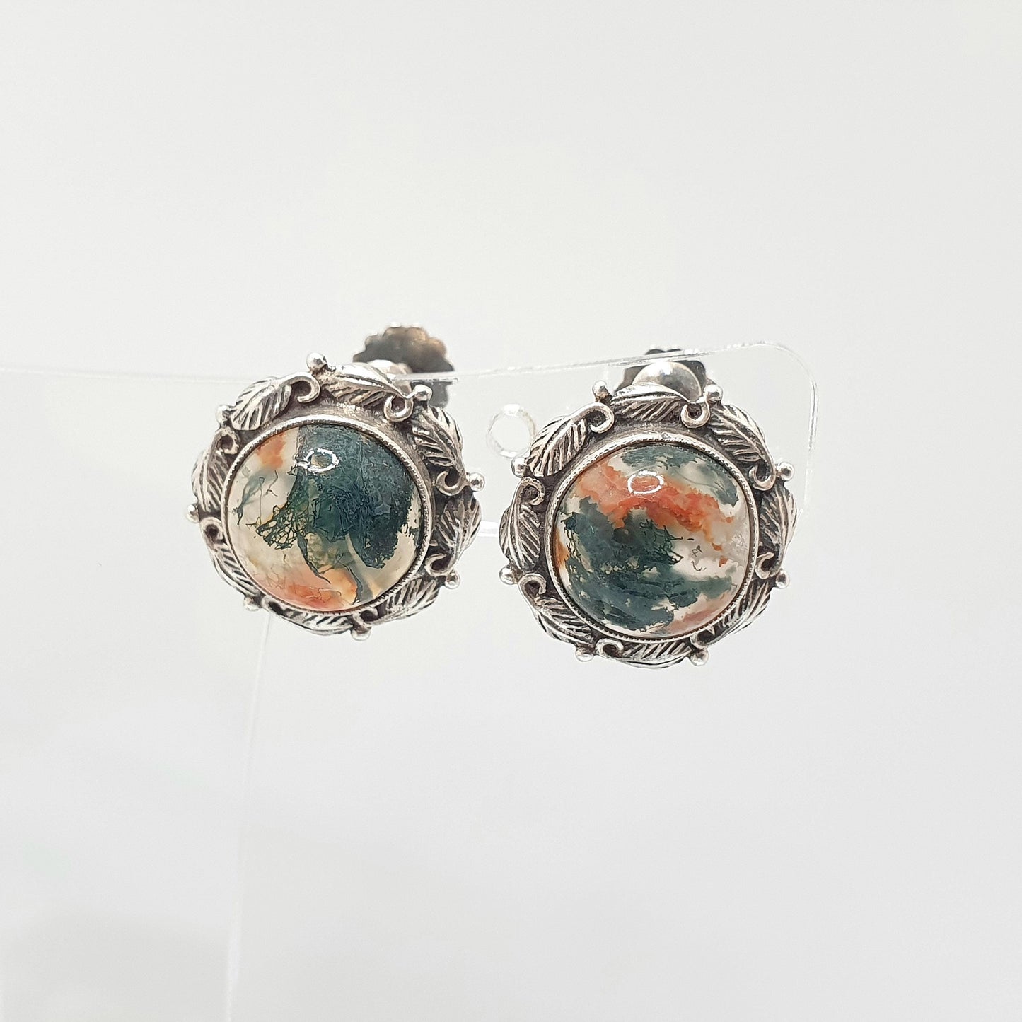 Antique Solid Silver Moss Agate Earrings Arts and Crafts Gemstone Bernard Instone Style Screw Back Veined Quartz Jewellery Jewelry