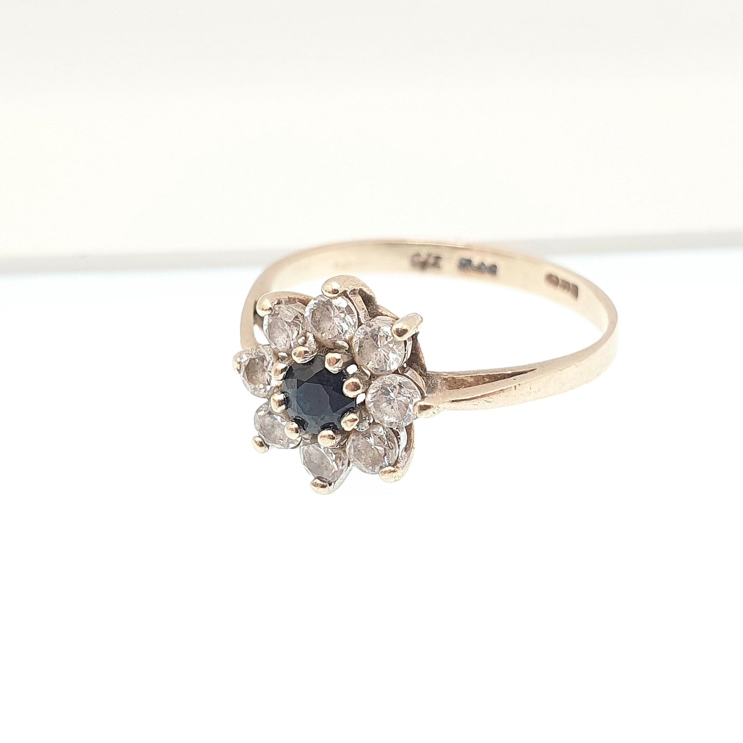Vintage 9ct 9kt Gold Sapphire Halo Ring CZ Cluster Large Big Dark Blue Sparkly Gemstone Solid Womens Jewelry Jewellery