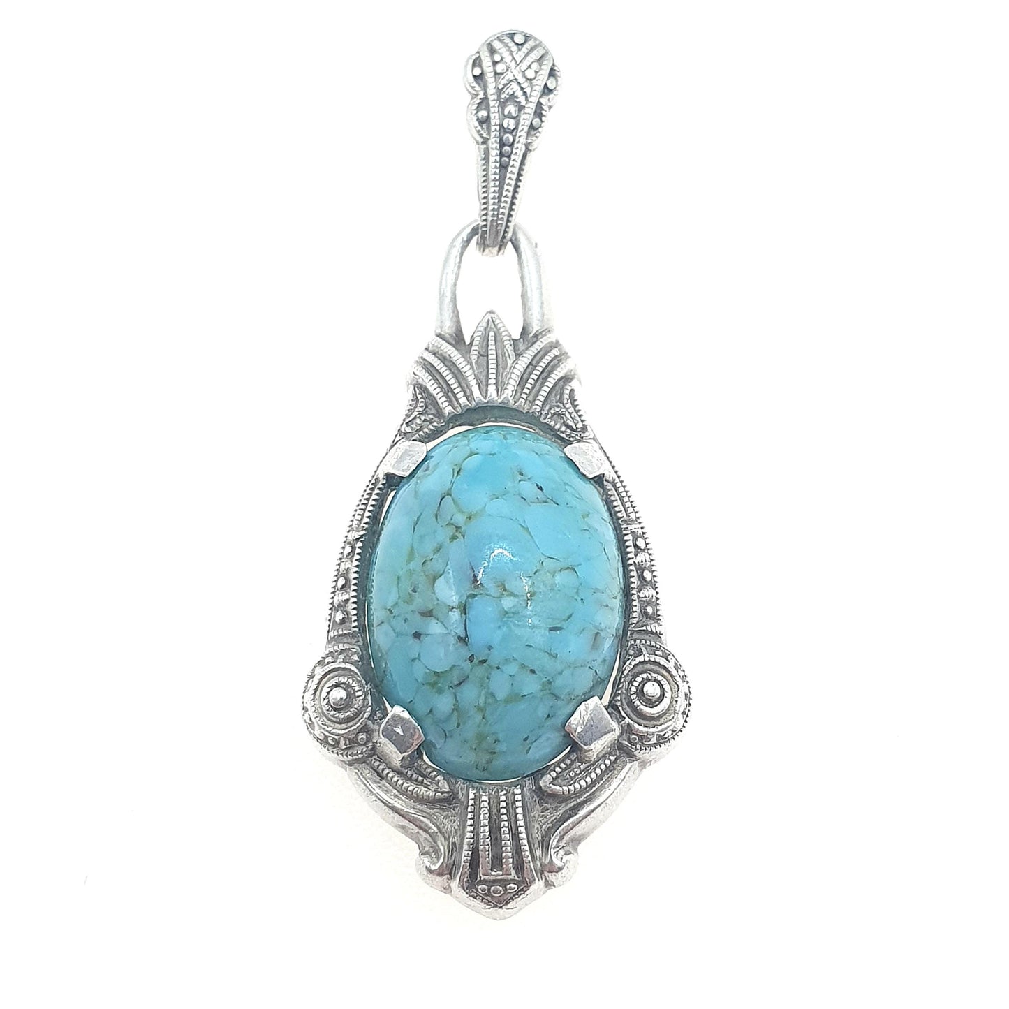 Antique Sterling Silver Faux Turquoise Pendant Necklace Handmade Glass Turquoise Art Deco Solid 935 Vintage Womens Jewellery Jewelry