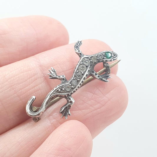 Antique Victorian Solid Silver Diamond Paste Lizard Brooch Reptile Animal Small Vintage Womens Retro Jewelry Jewellery Mens Unisex