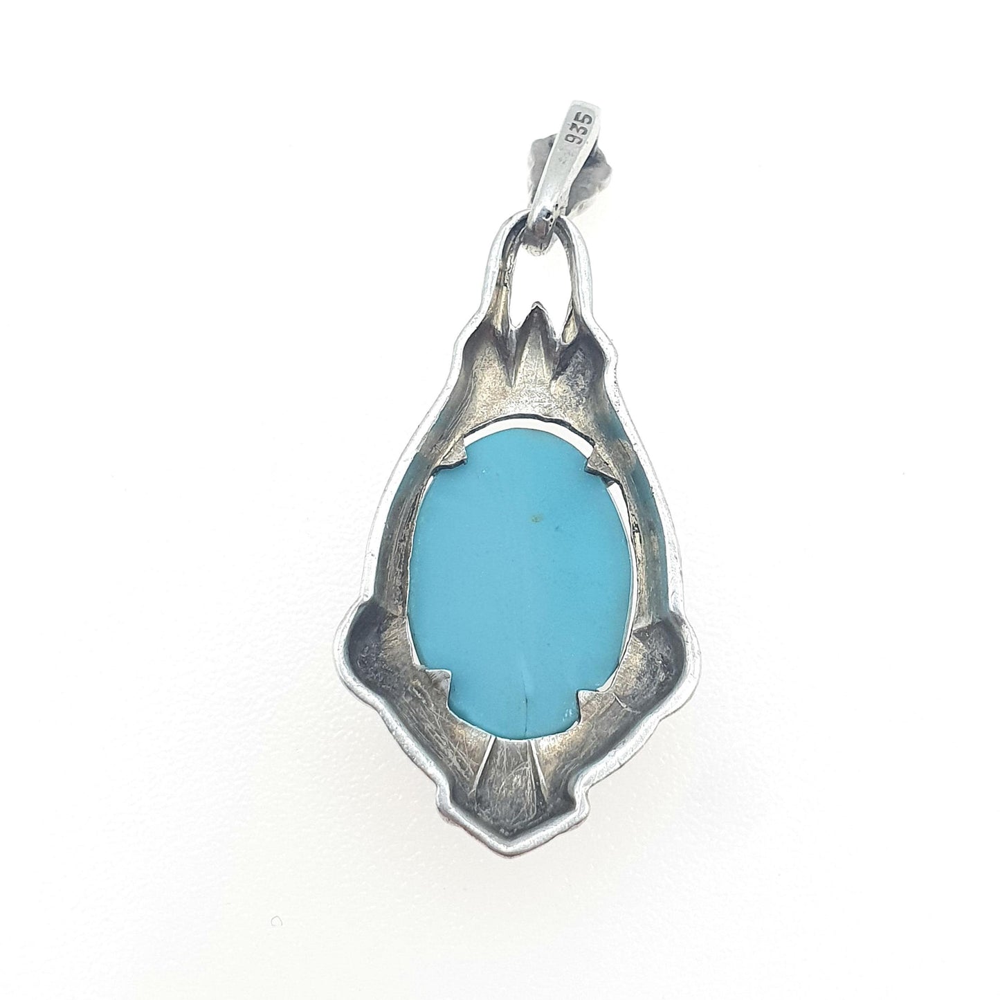 Antique Sterling Silver Faux Turquoise Pendant Necklace Handmade Glass Turquoise Art Deco Solid 935 Vintage Womens Jewellery Jewelry