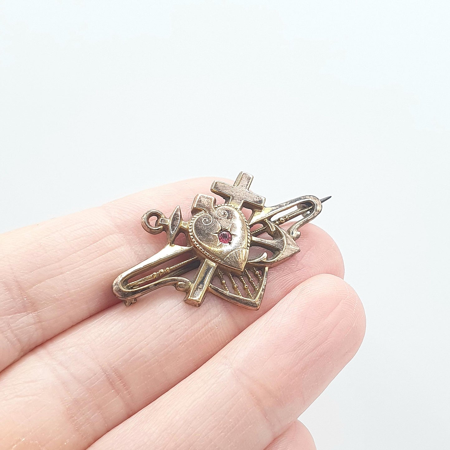 Antique Victorian Hope Faith and Charity Brooch Rolled Gold Front Ruby Paste Anchor Heart and Crucifix Vintage 1800s Jewelry Jewellery