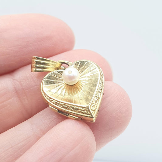 Vintage Rolled Gold Heart Locket Pearl Centre Gold Filled Necklace Pendant Picture Photo Cute Gift Retro Jewelry Jewellery