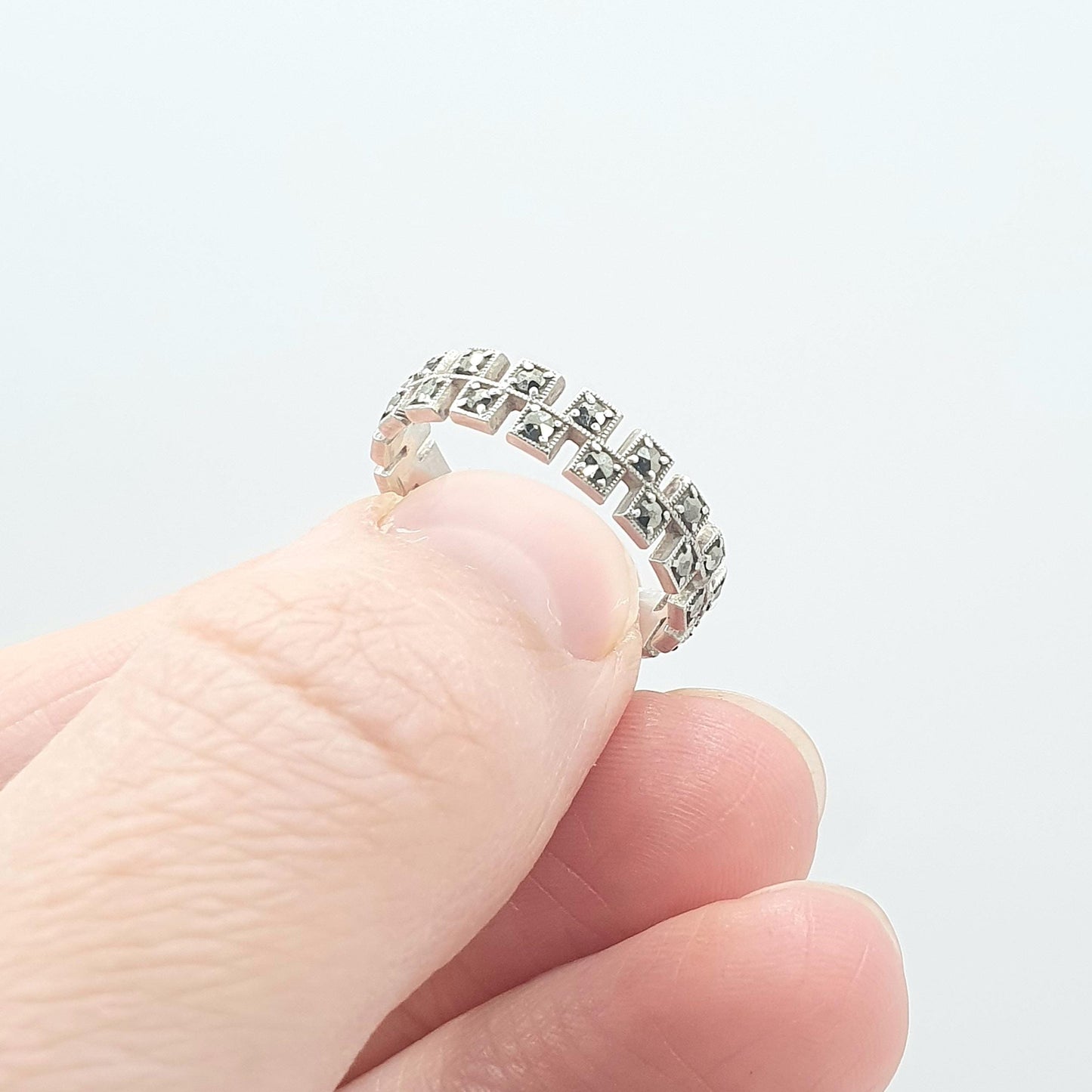 Antique Art Deco Solid Silver Marcasite Eternity Ring Stepped Flapper 1920s Unisex Womens Jewelry Jewellery