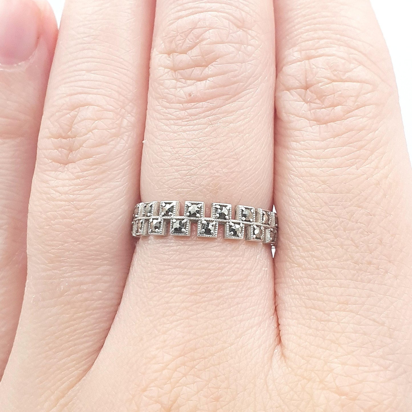 Antique Art Deco Solid Silver Marcasite Eternity Ring Stepped Flapper 1920s Unisex Womens Jewelry Jewellery