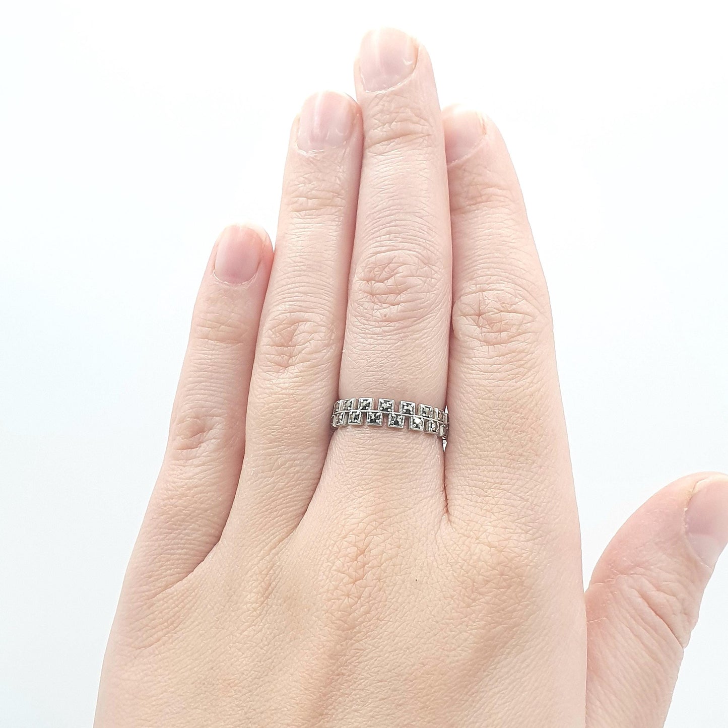 Antique Art Deco Solid Silver Marcasite Eternity Ring Stepped Flapper 1920s Unisex Womens Jewelry Jewellery