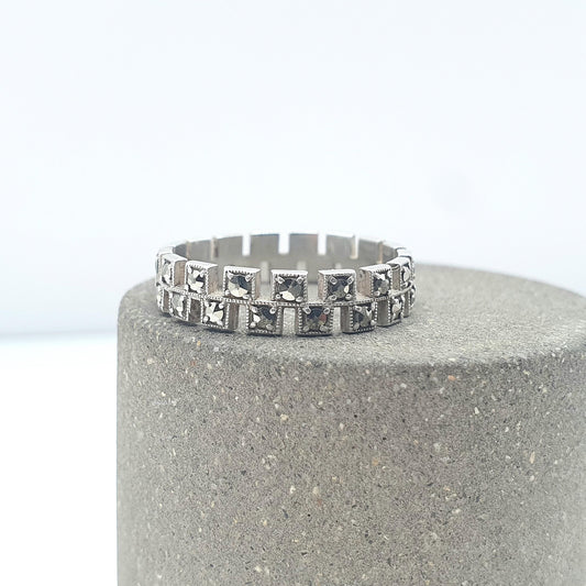 Antique Art Deco Solid Silver Marcasite Eternity Ring Stepped Flapper 1920s Unisex Womens Jewelry Jewellery