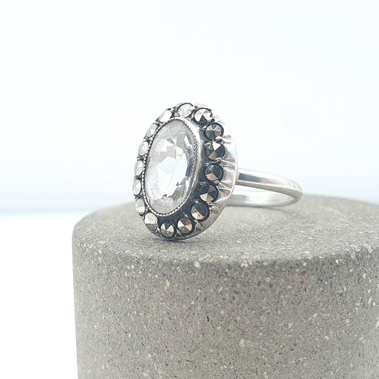 Antique Rock Crystal Solid Silver Ring Art Deco Marcasite Cluster Halo Clear White Quartz Gemstone Genuine Cocktail Jewellery Jewelry