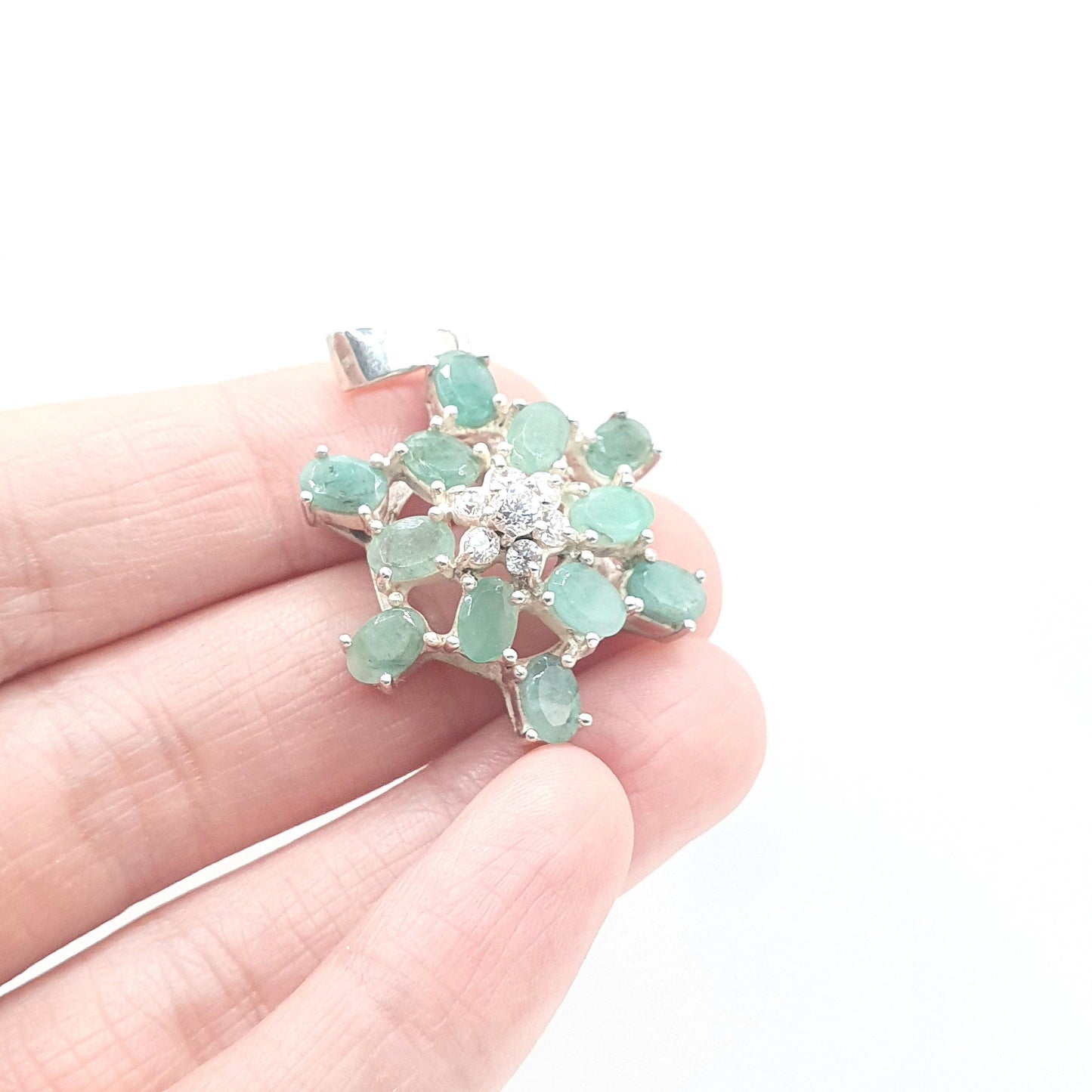 Vintage Real Emerald Sterling Silver Pendant Necklace Cluster Star Genuine Gemstone Solid 925 Womens Jewelry Jewellery