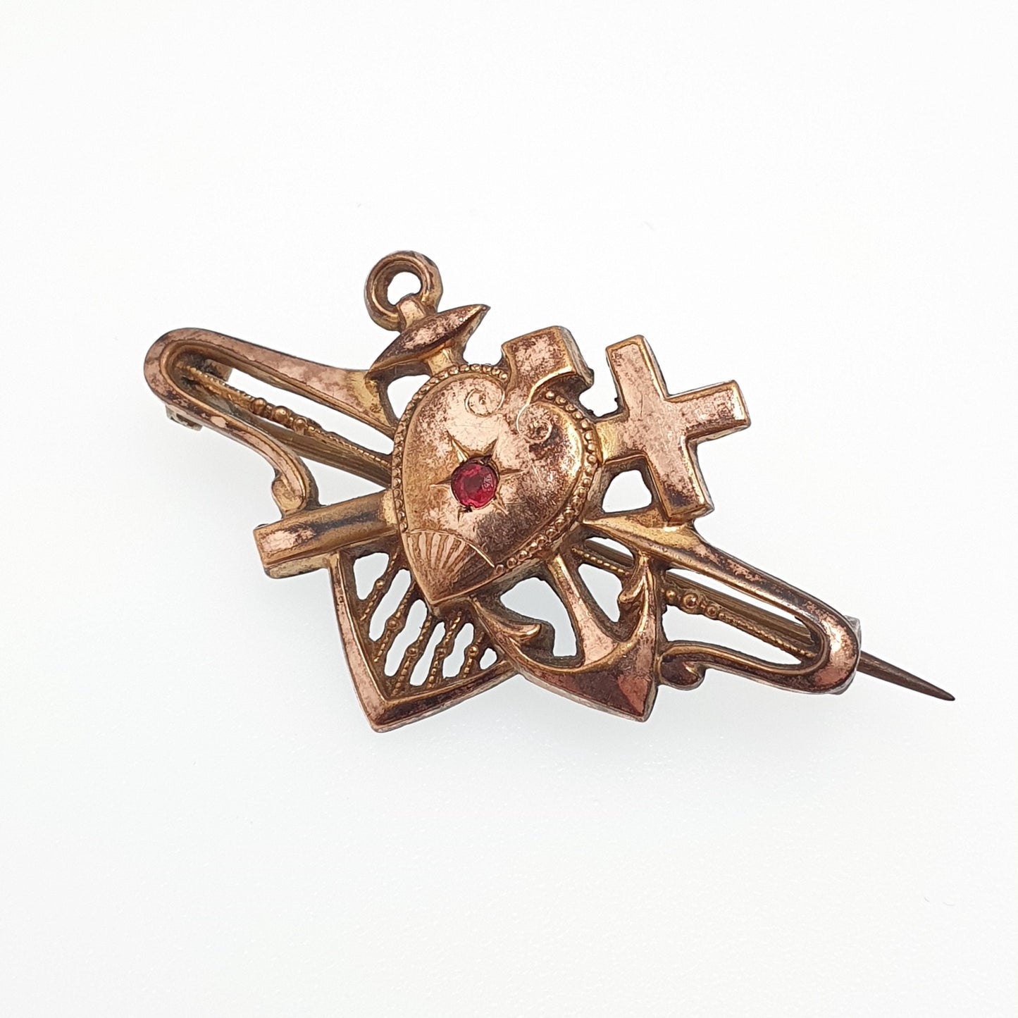 Antique Victorian Hope Faith and Charity Brooch Rolled Gold Front Ruby Paste Anchor Heart and Crucifix Vintage 1800s Jewelry Jewellery