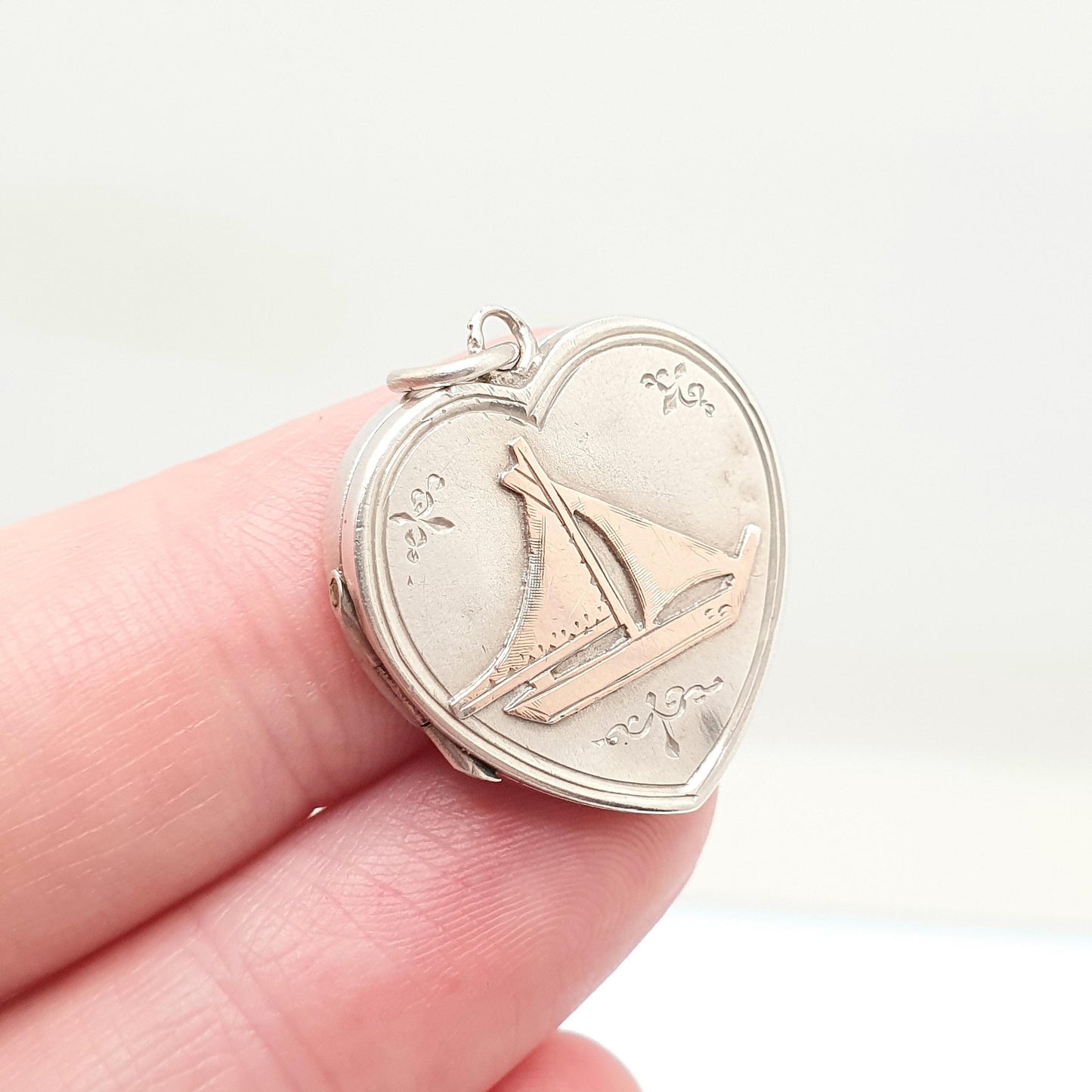 Antique Sterling Silver Boat & Heart Locket Pendant Necklace Victorian 1899 Hallmark Sailing Yacht Ship Womens Jewelry Jewellery