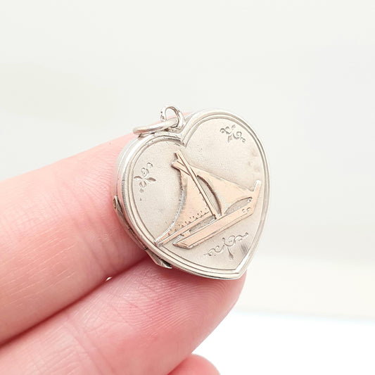 Antique Sterling Silver Boat & Heart Locket Pendant Necklace Victorian 1899 Hallmark Sailing Yacht Ship Womens Jewelry Jewellery