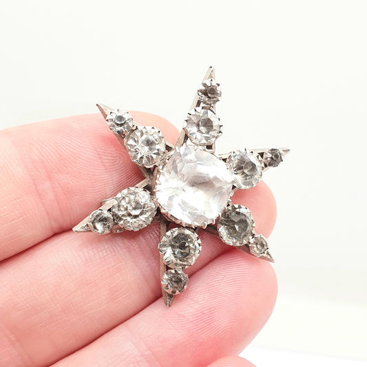 Antique Victorian Sterling Silver Paste Star Brooch Diamond Tone Old Cut 1895 Hallmark Foiled Celestial Jewelry Jewellery Vintage