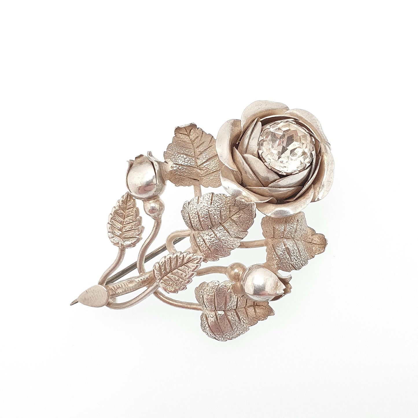 Antique Victorian Diamond Paste Rose Flower Sterling Silver Brooch Pin 1890 Hallmark Fine Sparkly Vintage Floral Womens Jewelry Jewellery