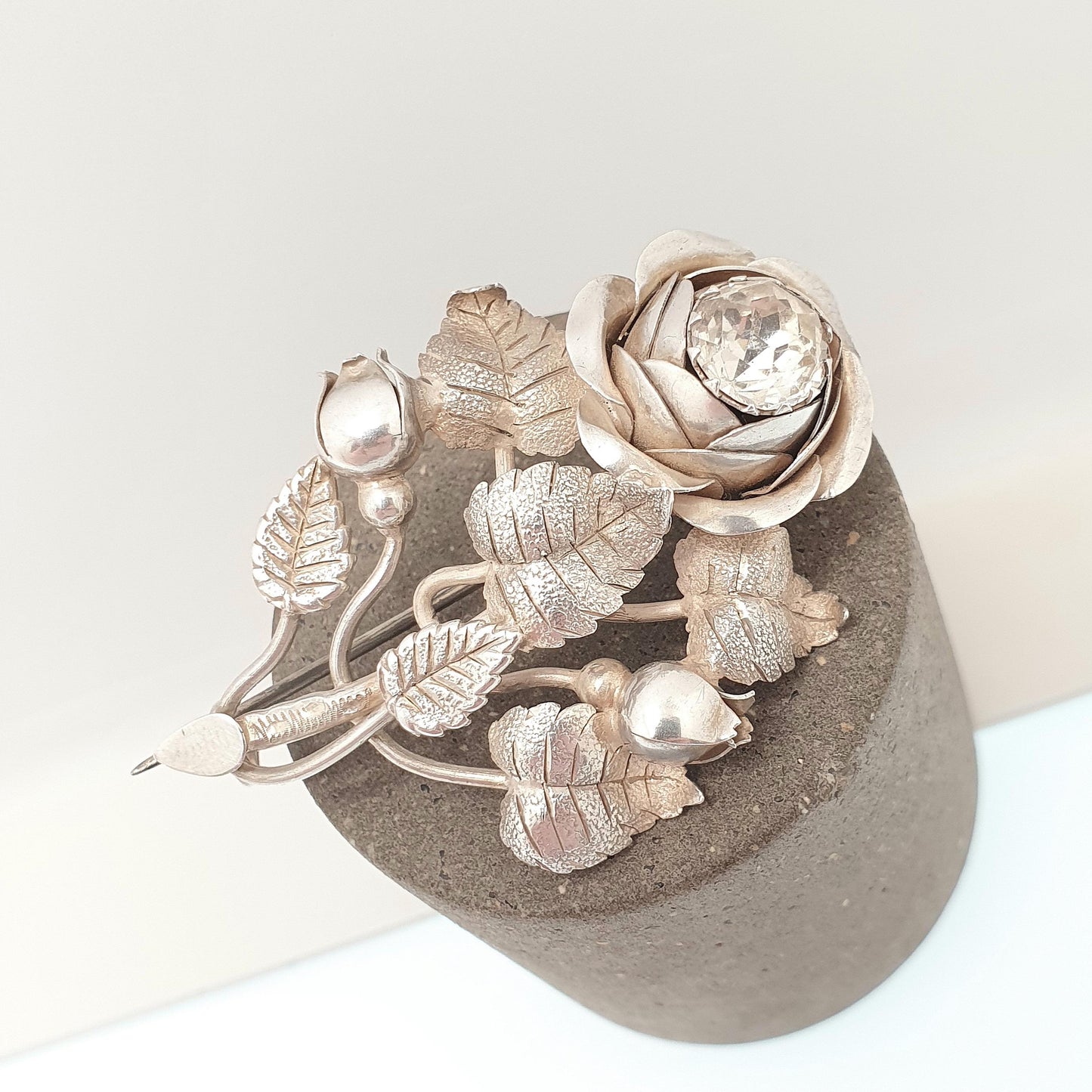 Antique Victorian Diamond Paste Rose Flower Sterling Silver Brooch Pin 1890 Hallmark Fine Sparkly Vintage Floral Womens Jewelry Jewellery