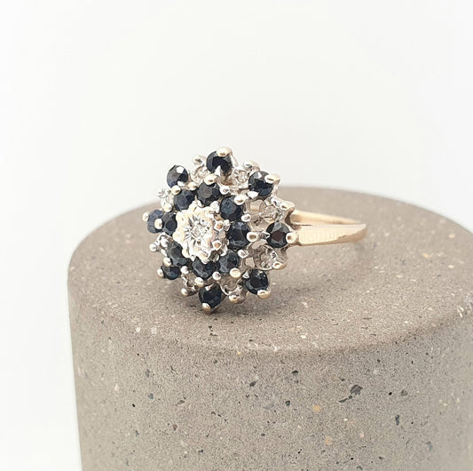 Vintage Diamond & Sapphire 9kt Gold Ring Cluster Solid 9ct 9k Genuine Gemstone Fine Estate Womens Jewelry Jewellery