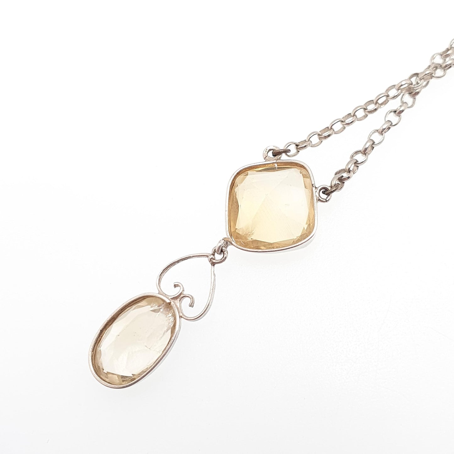 Antique Solid Silver Citrine Pendant Necklace Quartz Gemstone Lavaliere Victorina Art Nouveau Vintage Women Jewelry Jewellery