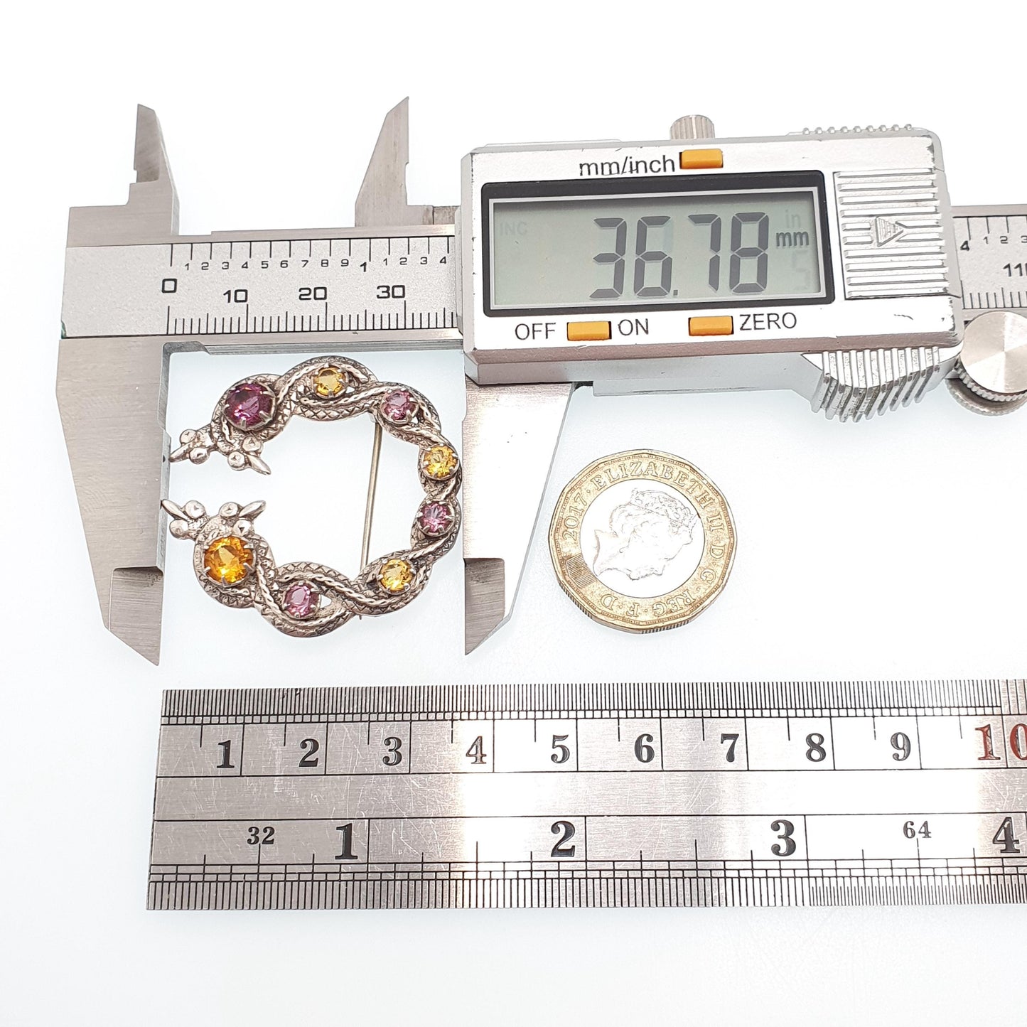 Antique Sterling Silver Scottish Brooch Amethyst Citrine Paste Celtic Knot Pattern Viking Style Jewelry Jewellery