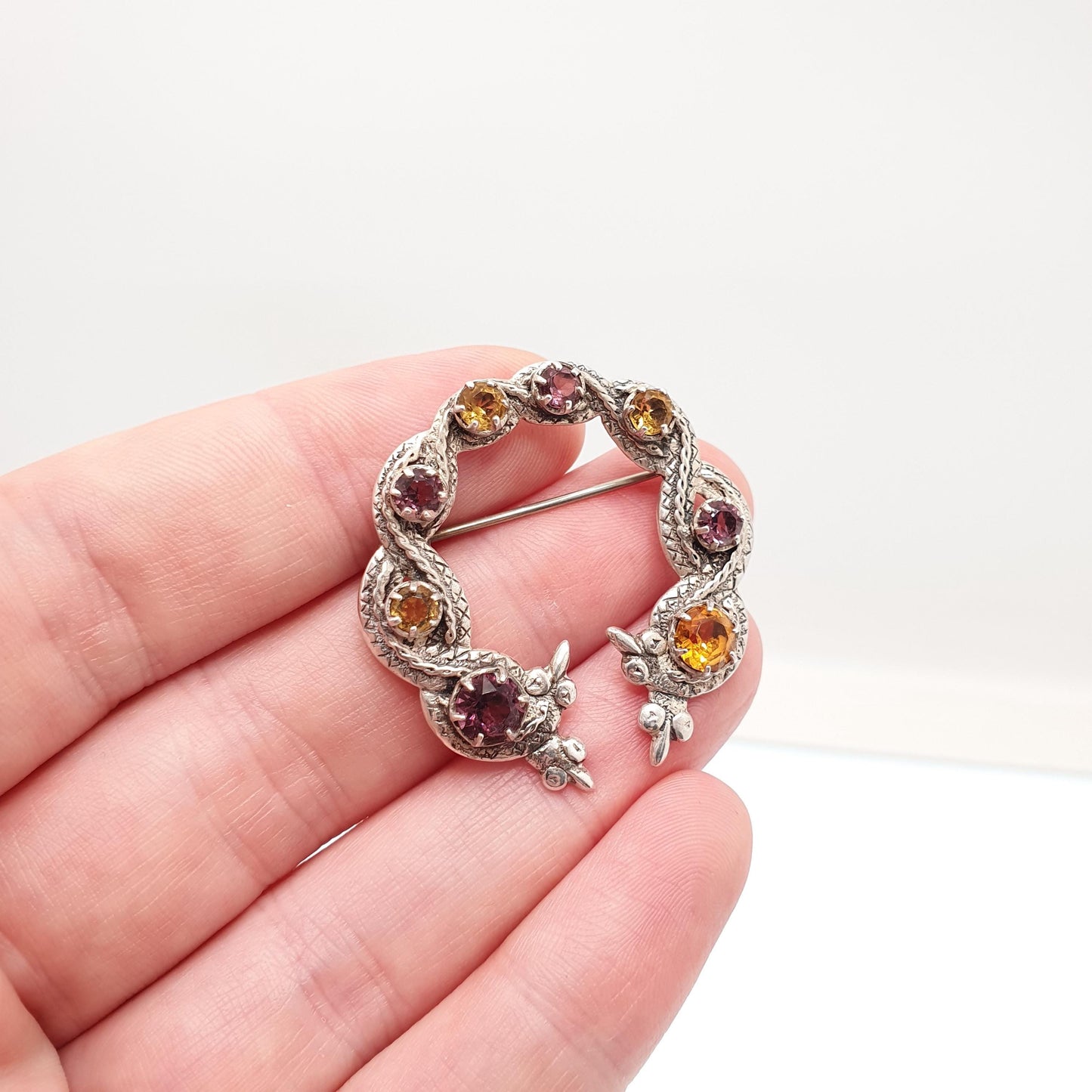 Antique Sterling Silver Scottish Brooch Amethyst Citrine Paste Celtic Knot Pattern Viking Style Jewelry Jewellery