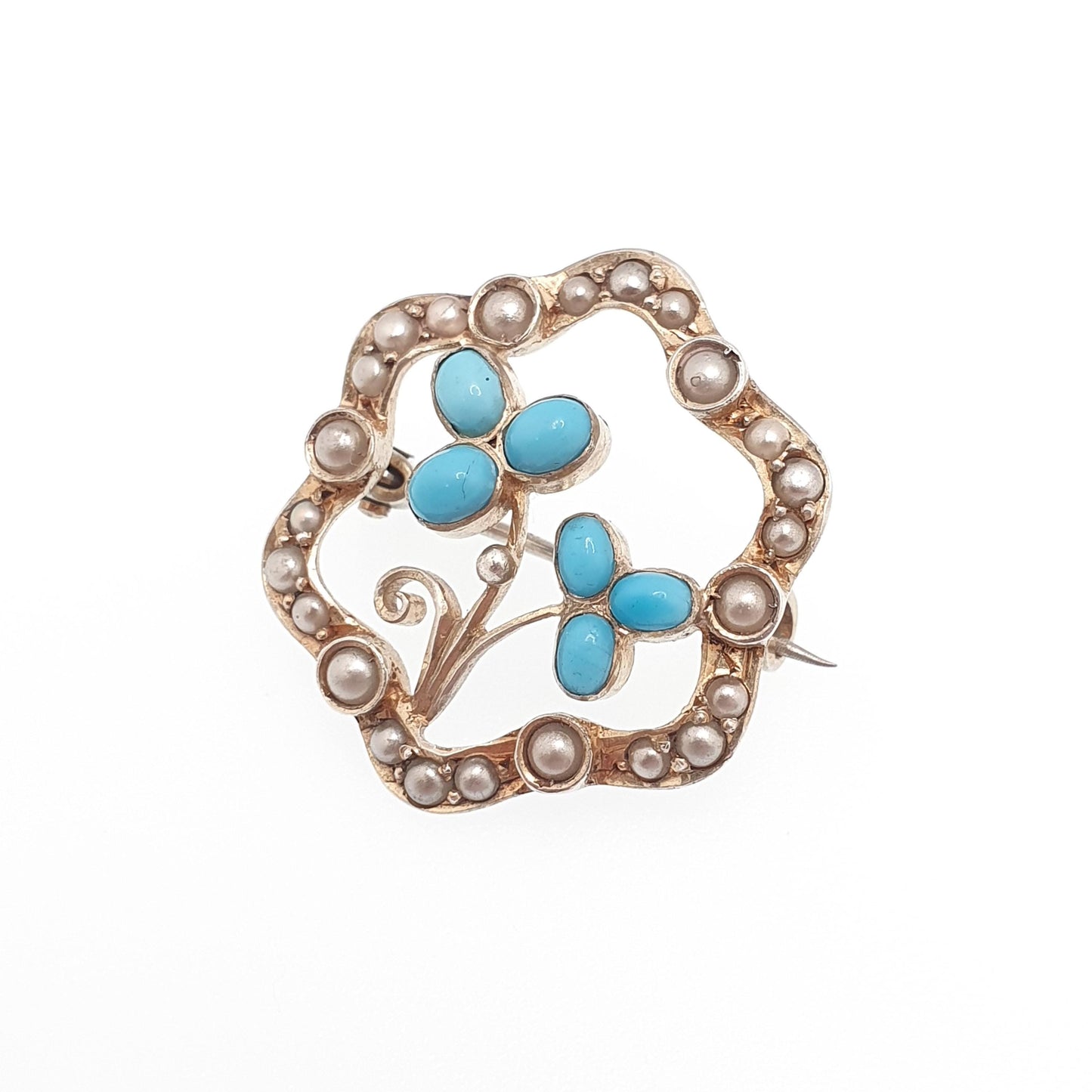 Antique Solid Silver Forget Me Not Brooch Turquoise Glass Faux Seed Pearl Victorian Flower Handmade Vintage Jewelry Jewellery