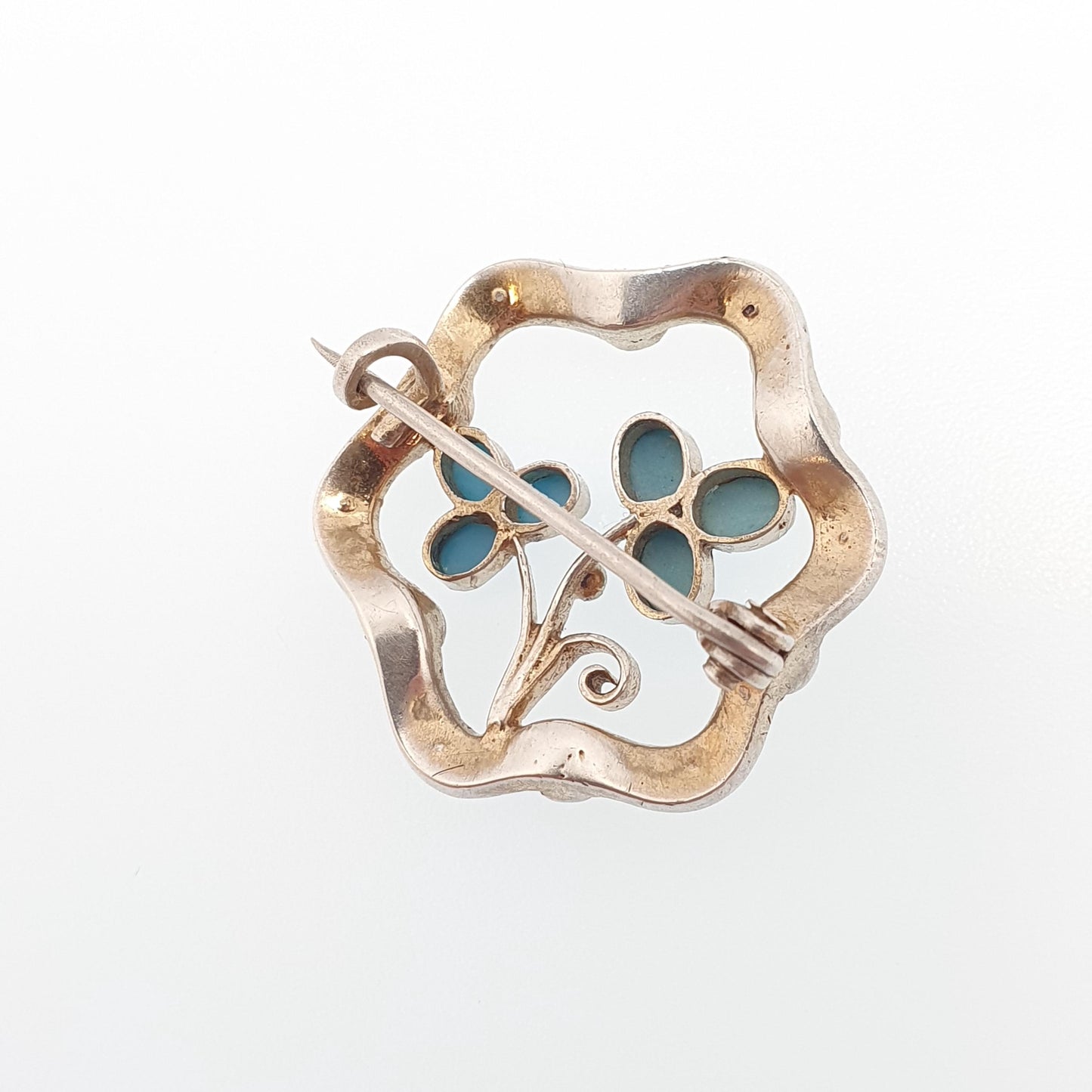 Antique Solid Silver Forget Me Not Brooch Turquoise Glass Faux Seed Pearl Victorian Flower Handmade Vintage Jewelry Jewellery