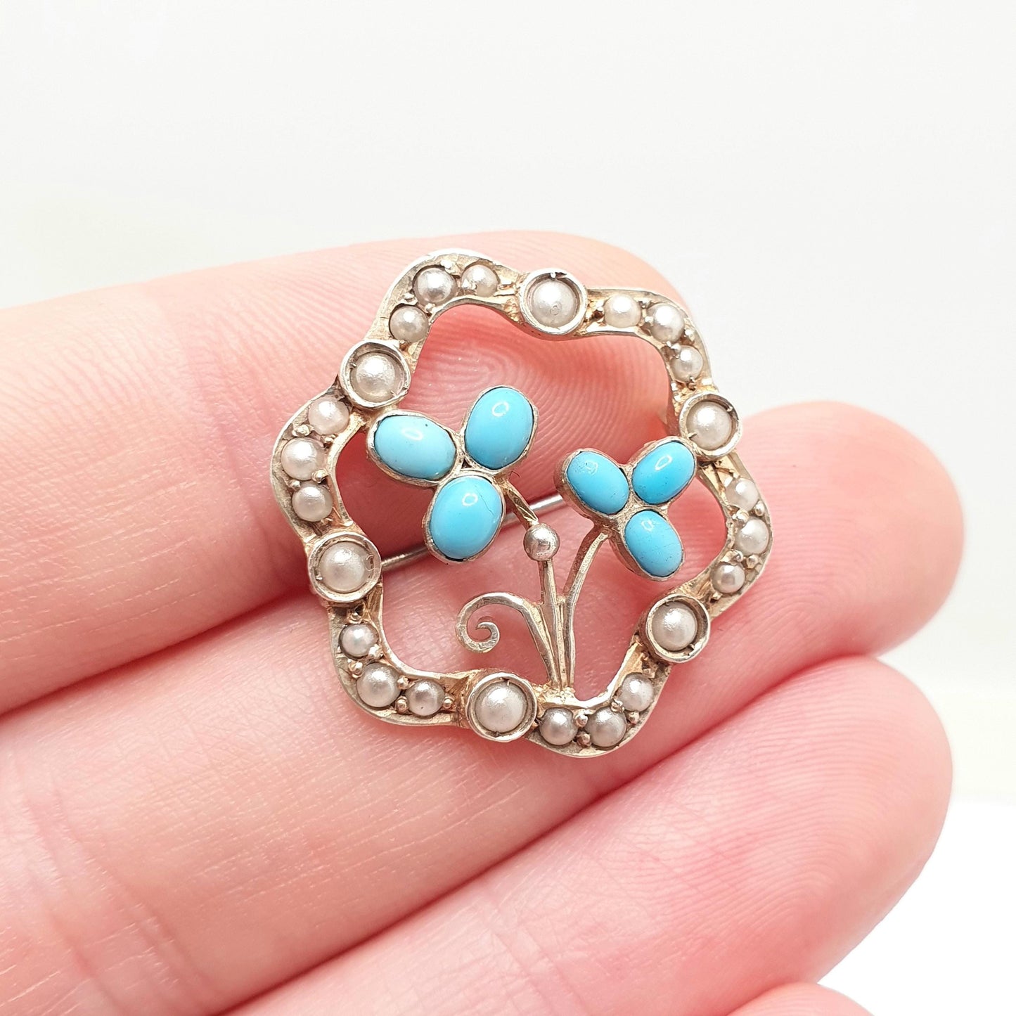 Antique Solid Silver Forget Me Not Brooch Turquoise Glass Faux Seed Pearl Victorian Flower Handmade Vintage Jewelry Jewellery